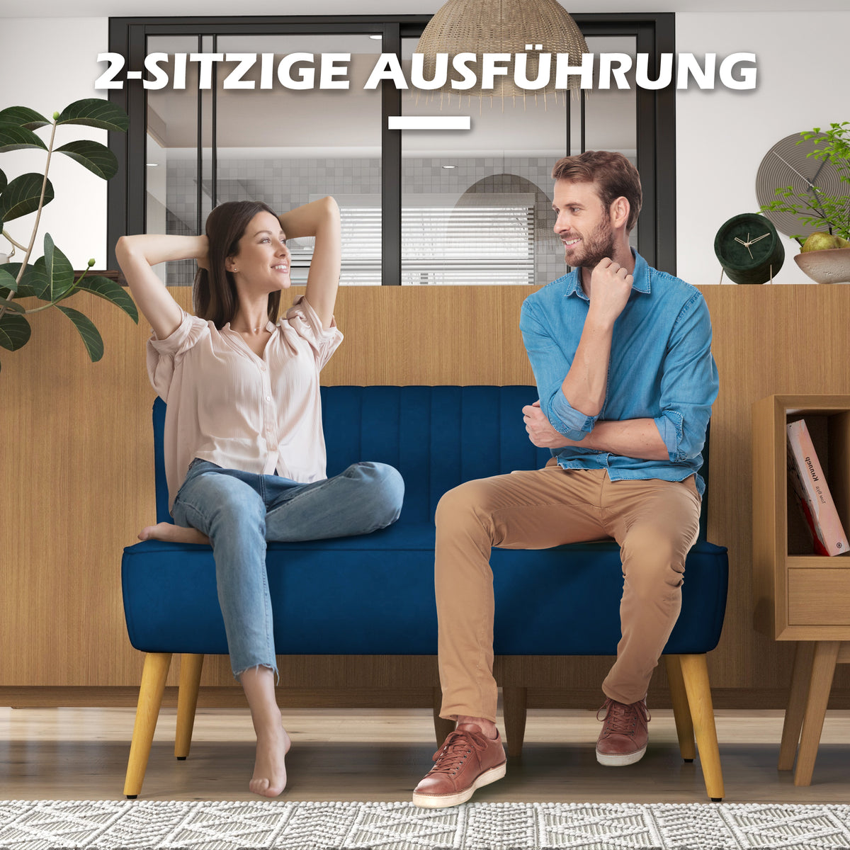 Retro-design 2-seater sofa, wooden legs, 117 cm x 56.5 cm x 77 cm, blue (6)