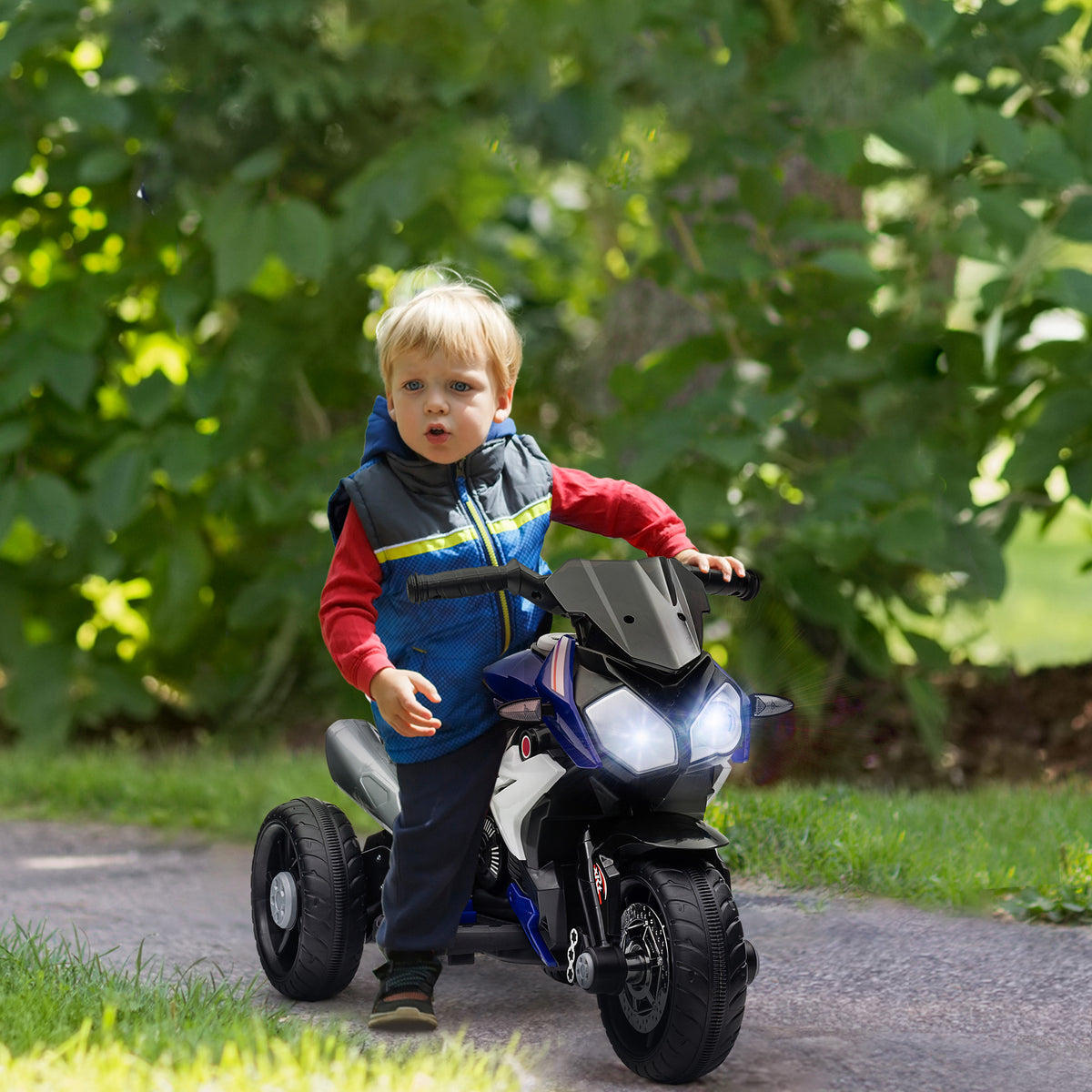 Electric motorcycle for children, lights & sounds, 3 km/h, rechargeable, plastic & metal, blue/white (2)