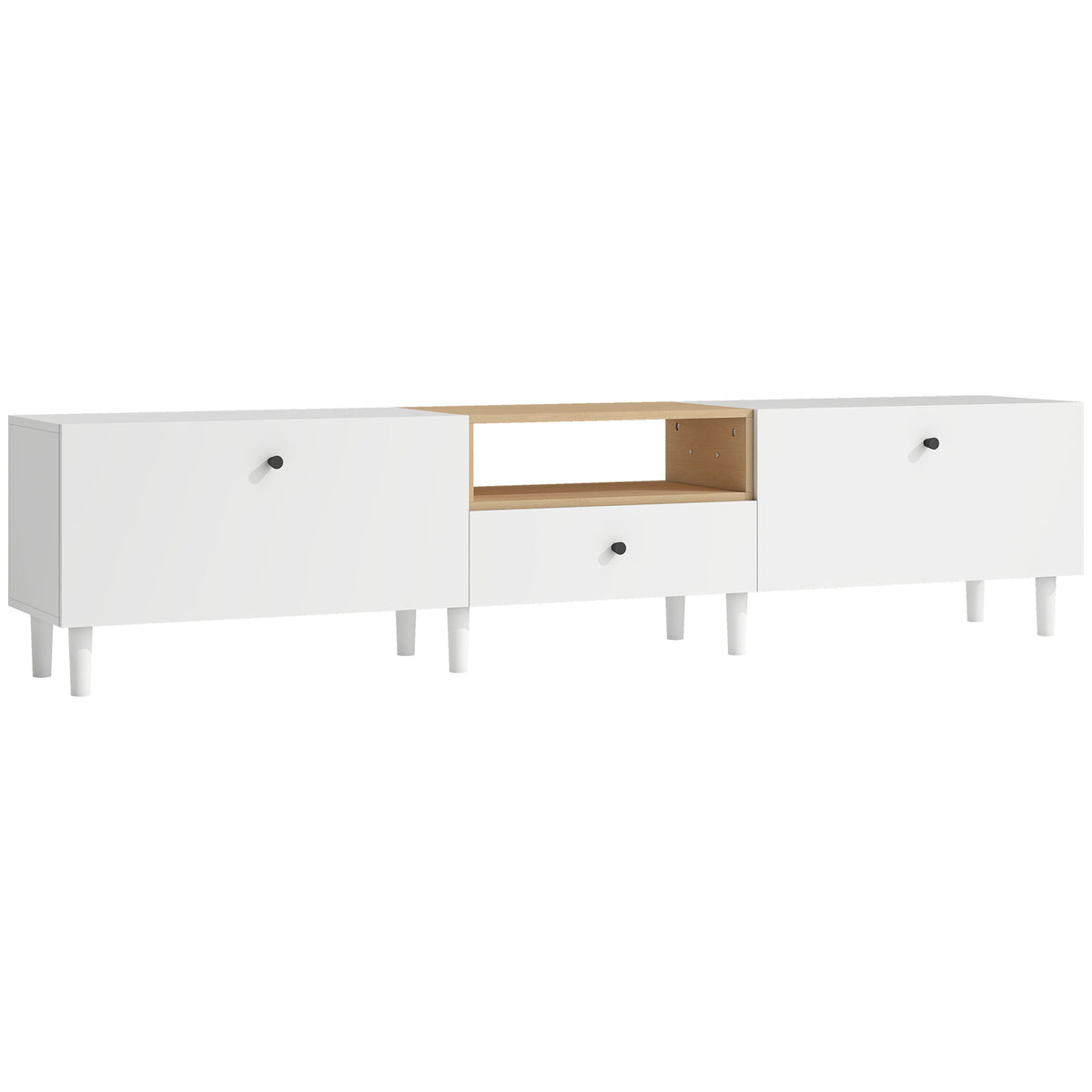 200 cm TV stand for TVs up to 90 inches, 2 drop-down compartments, open compartment, drawer, 8 legs, chipboard