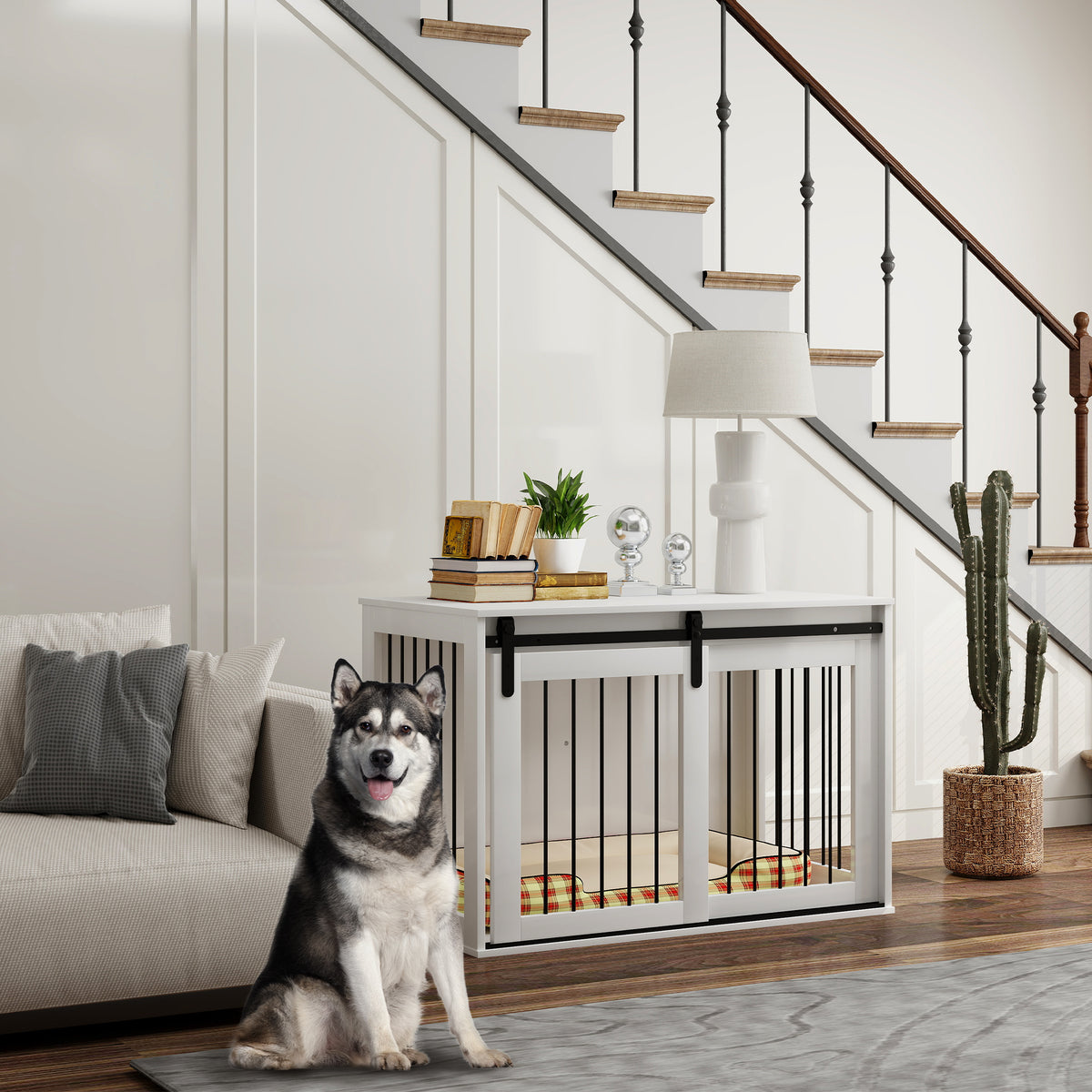 Dog crate with sliding door, ventilation, chipboard and steel, 98 x 58 x 61 cm, walnut (2)