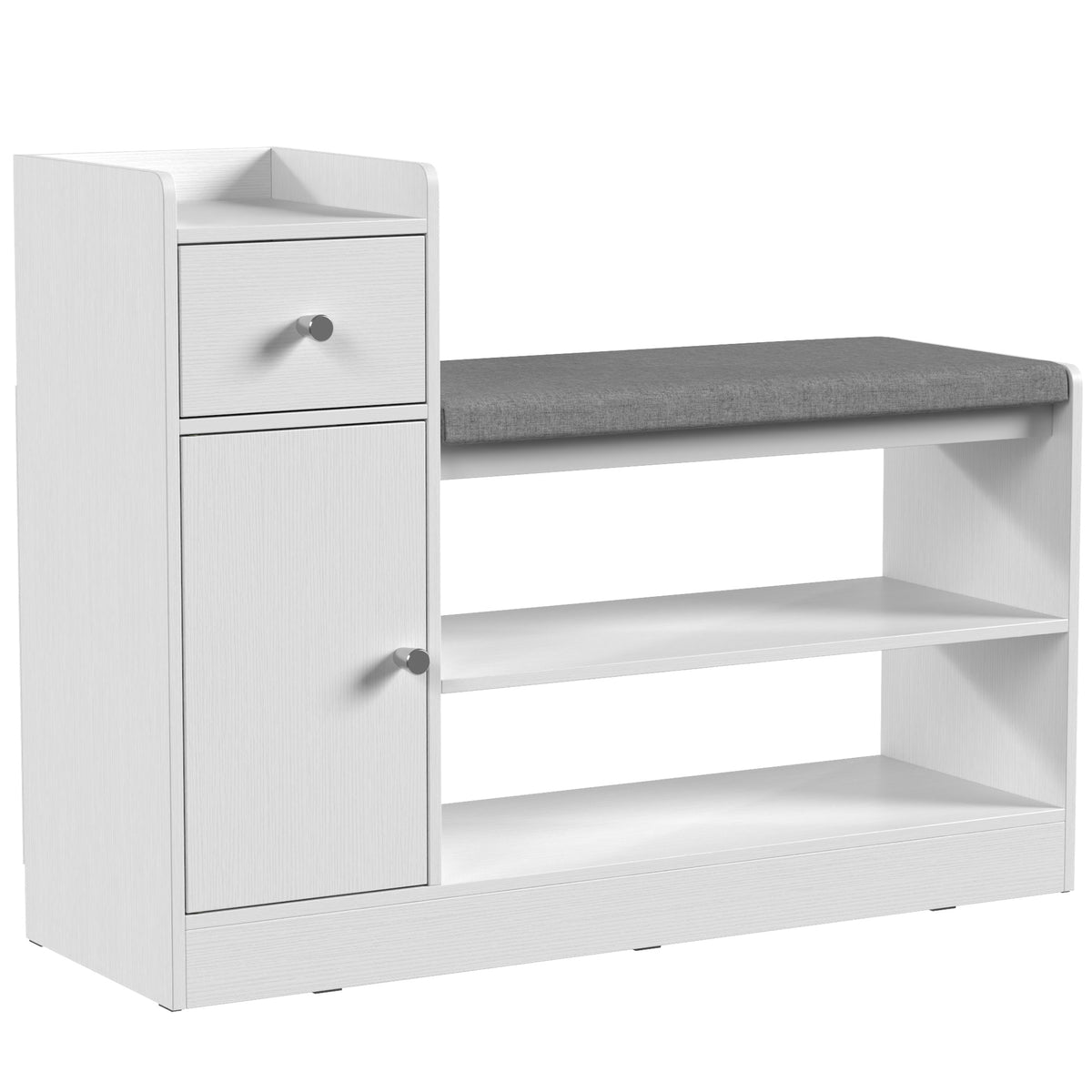 Shoe bench with seat cushion, drawer and open shelves, hallway bench 90x29.8x67.8cm white
