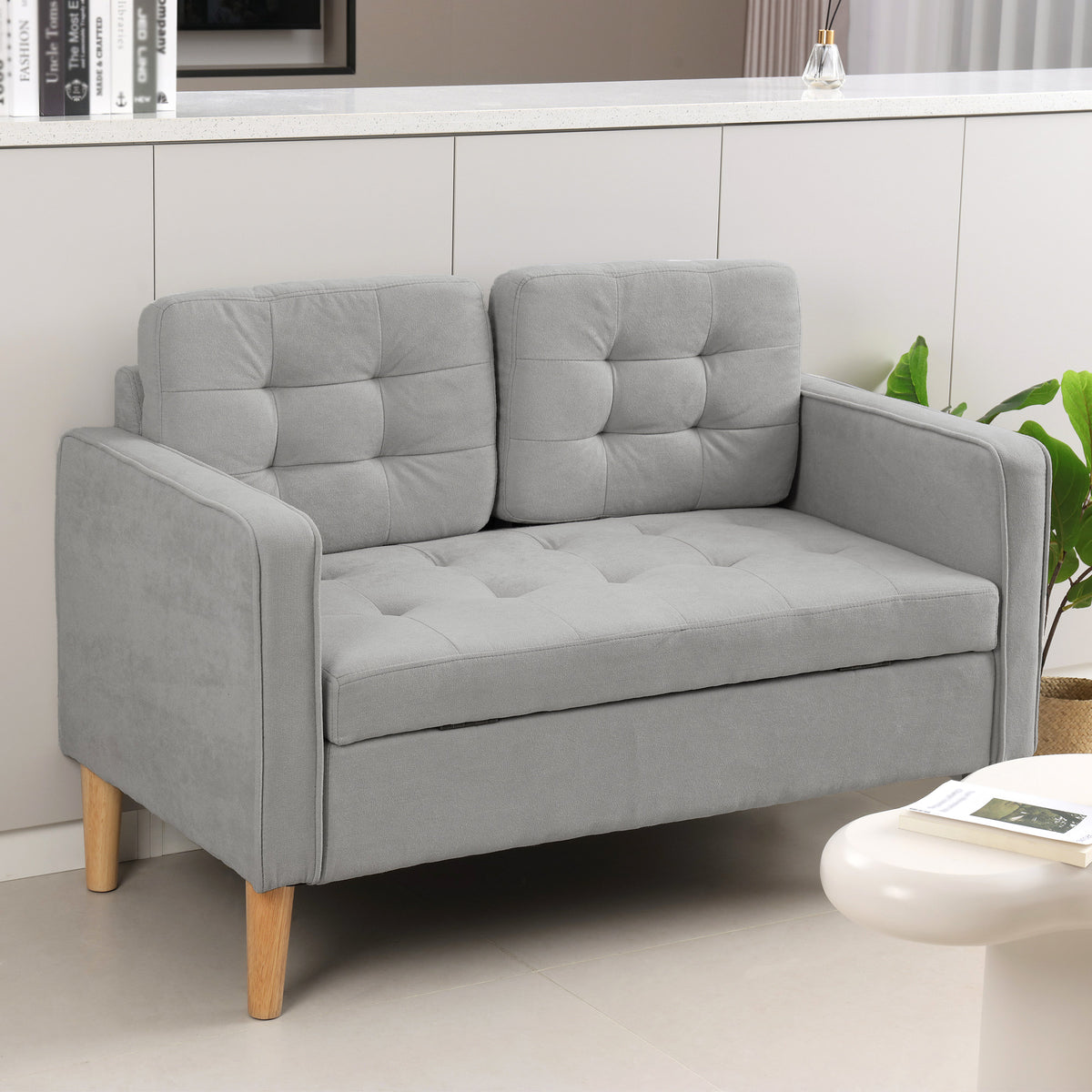 Two-seater sofa with storage, button tufting, cushions, rubberwood, 117x62x78cm, light gray (2)