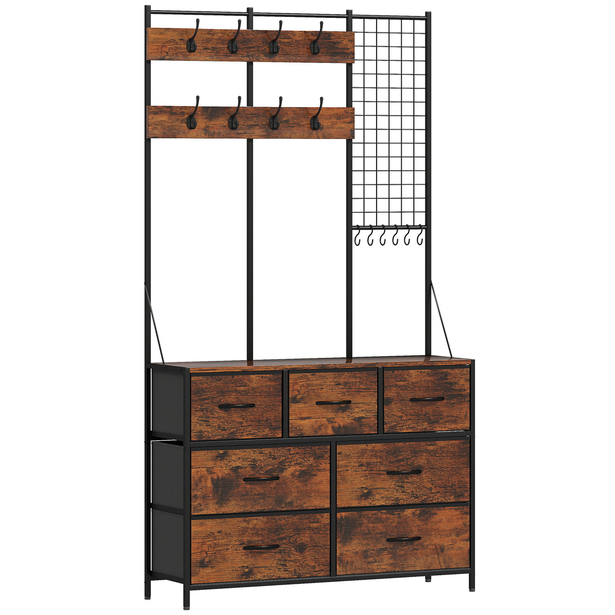 Coat rack, garment rack with fabric drawer, 14 hooks for hallway, bedroom, rustic brown, height 183 cm