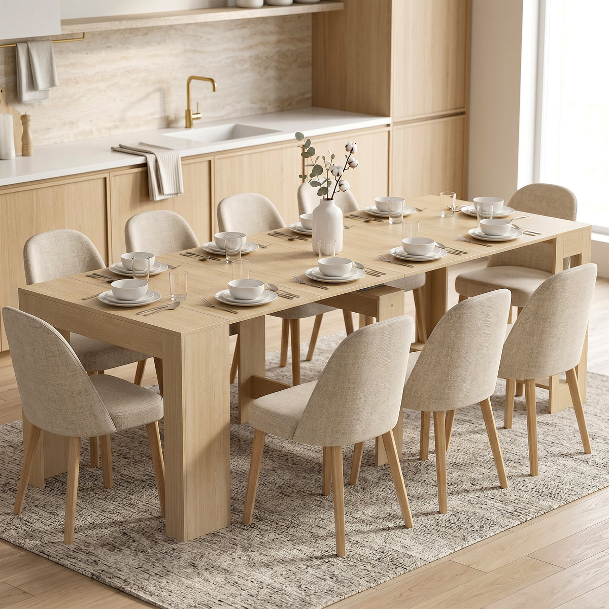 Extendable dining table for small spaces, convertible into a console, seats 10 people, light brown wood look (2)