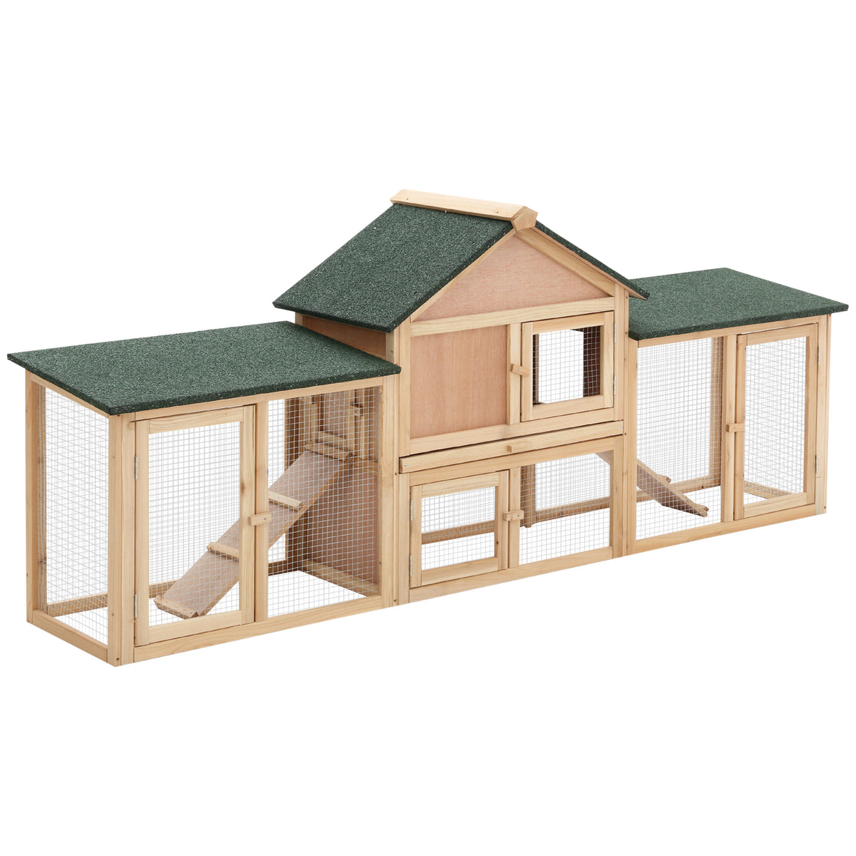 Small animal hutch with 2 outdoor runs, fir wood, grey + black