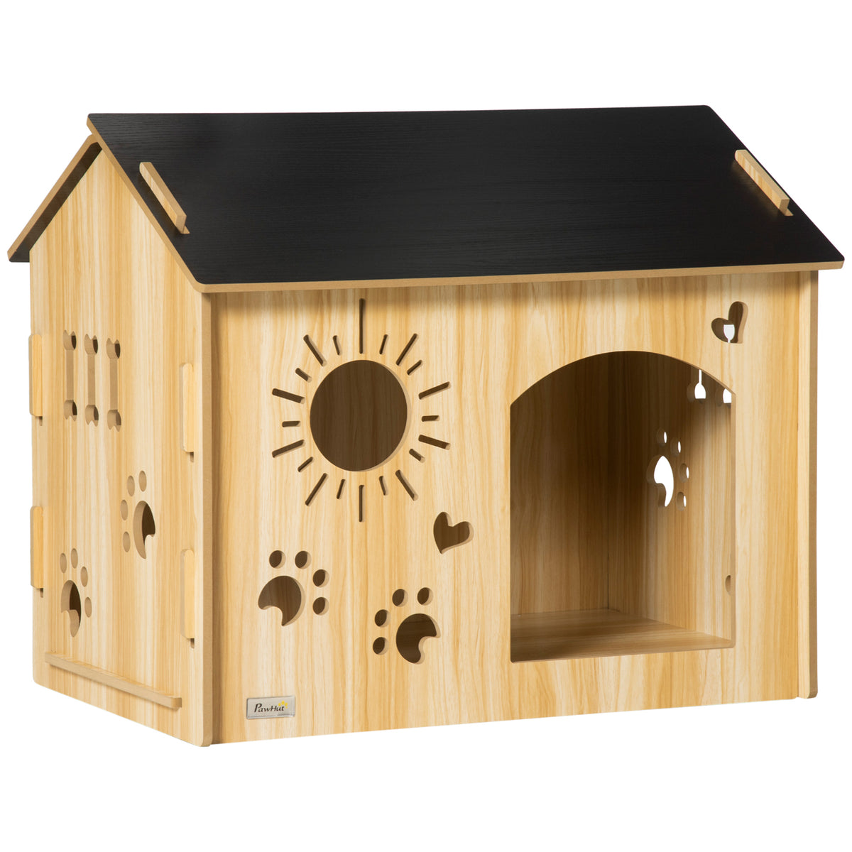 Dog house, with ventilation openings, weatherproof, wooden material, black+wood color, 69 x 50 x 58.5 cm