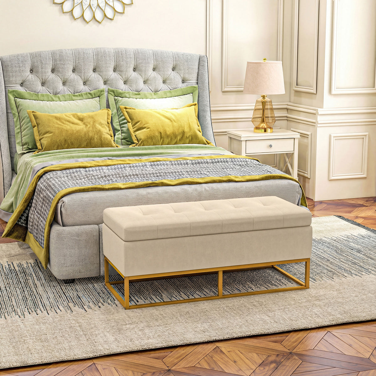 Storage bench with storage space, decorative button tufting, flannel look, gold-colored steel legs, 110 x 47 x (2)