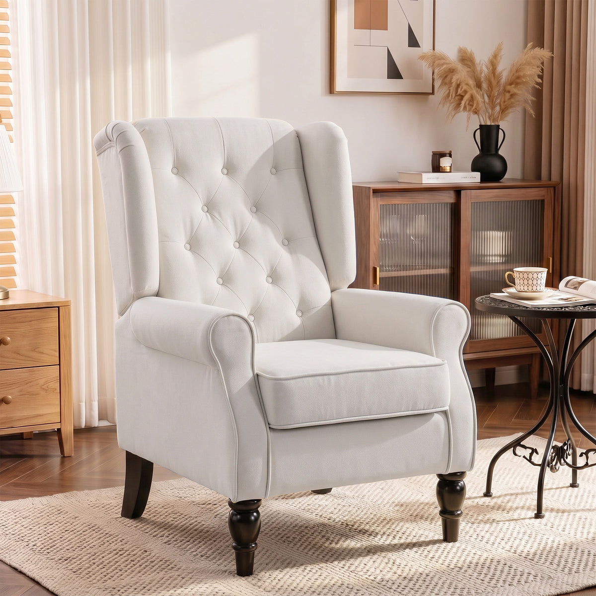 Wingback recliner armchair, vintage design, button tufting, turned legs, 74 cm x 86 cm x 102 cm, cream white (2)