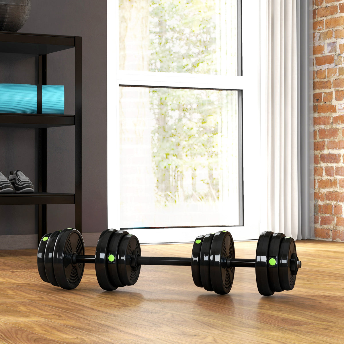 2-in-1 dumbbell set, barbell & dumbbell, 25 kg, non-slip, floor-friendly, black/green (2)