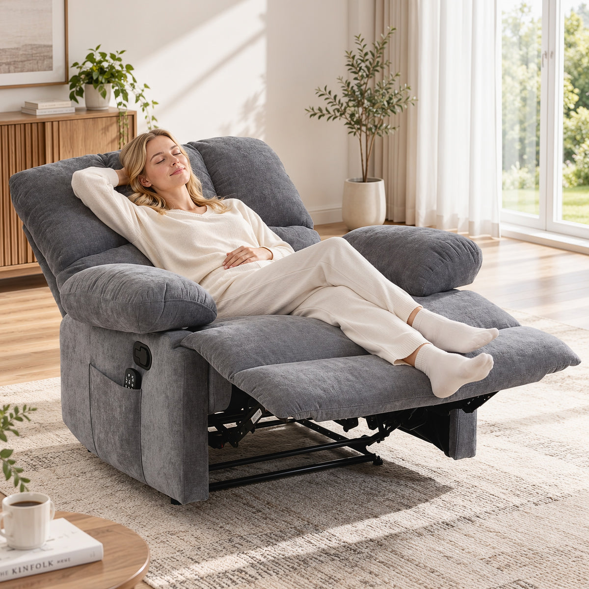 Massage chair with heating function, comfortable TV recliner with footrest, gray (2)
