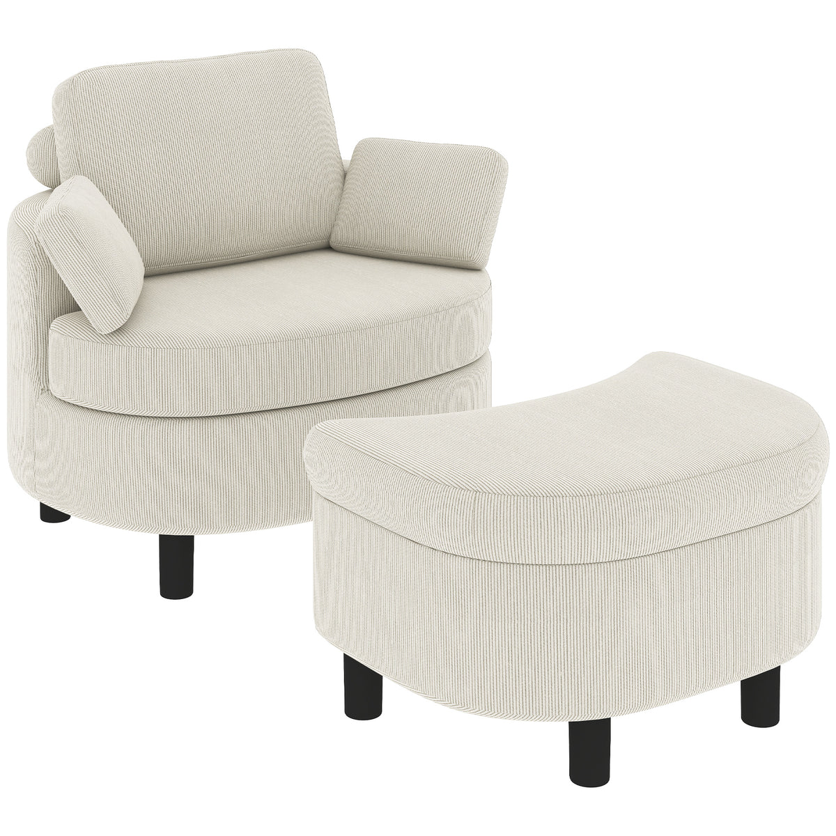 Armchair with storage ottoman, corduroy upholstery, wraparound reading chair with adjustable headrest, wide seat