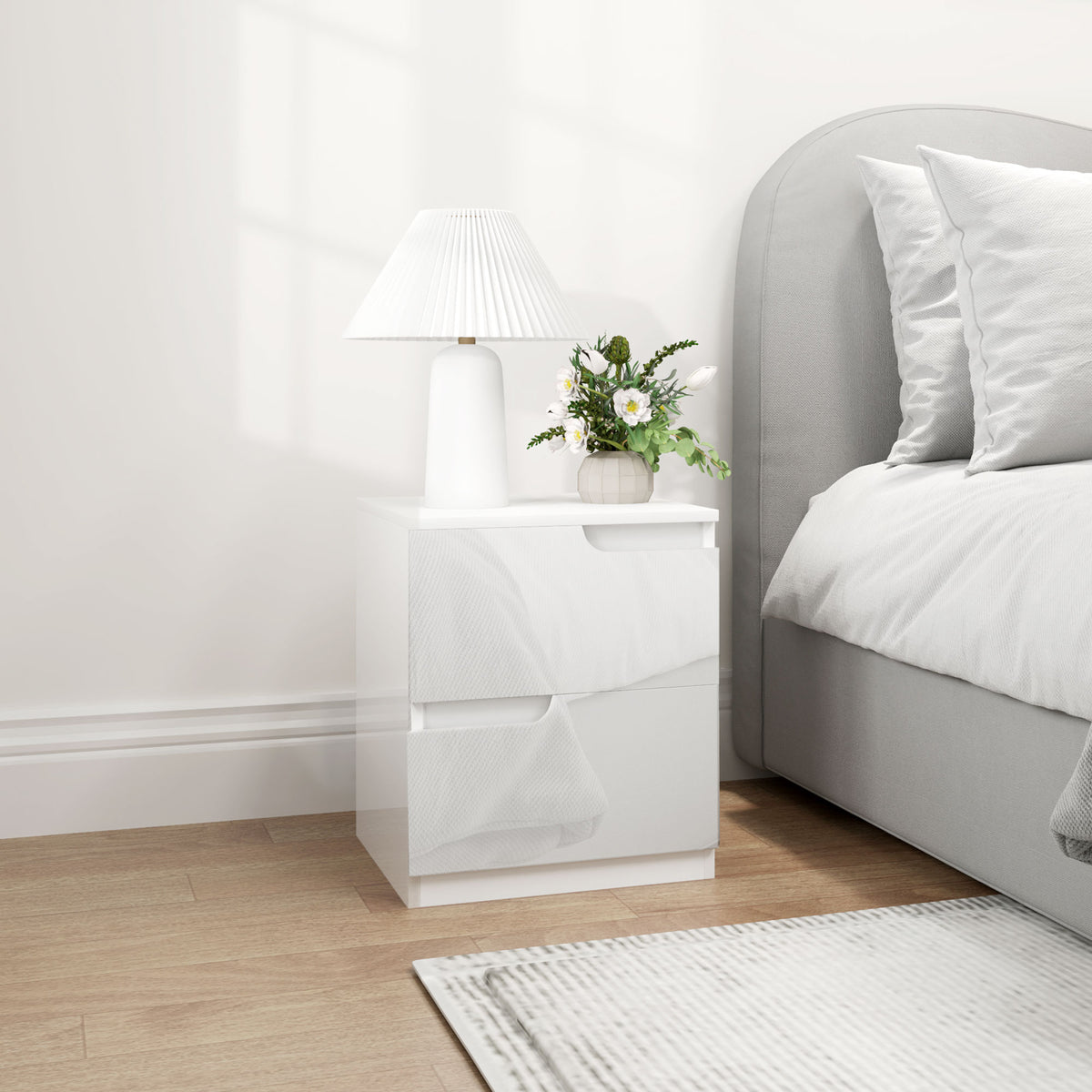 Nightstand, side table with drawers, chipboard, stylish, white (2)