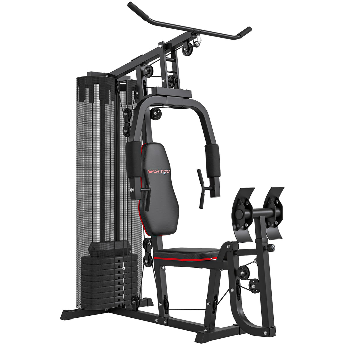 Home gym with 45 kg weight stack, high pulley, chest station, and leg press for versatile training