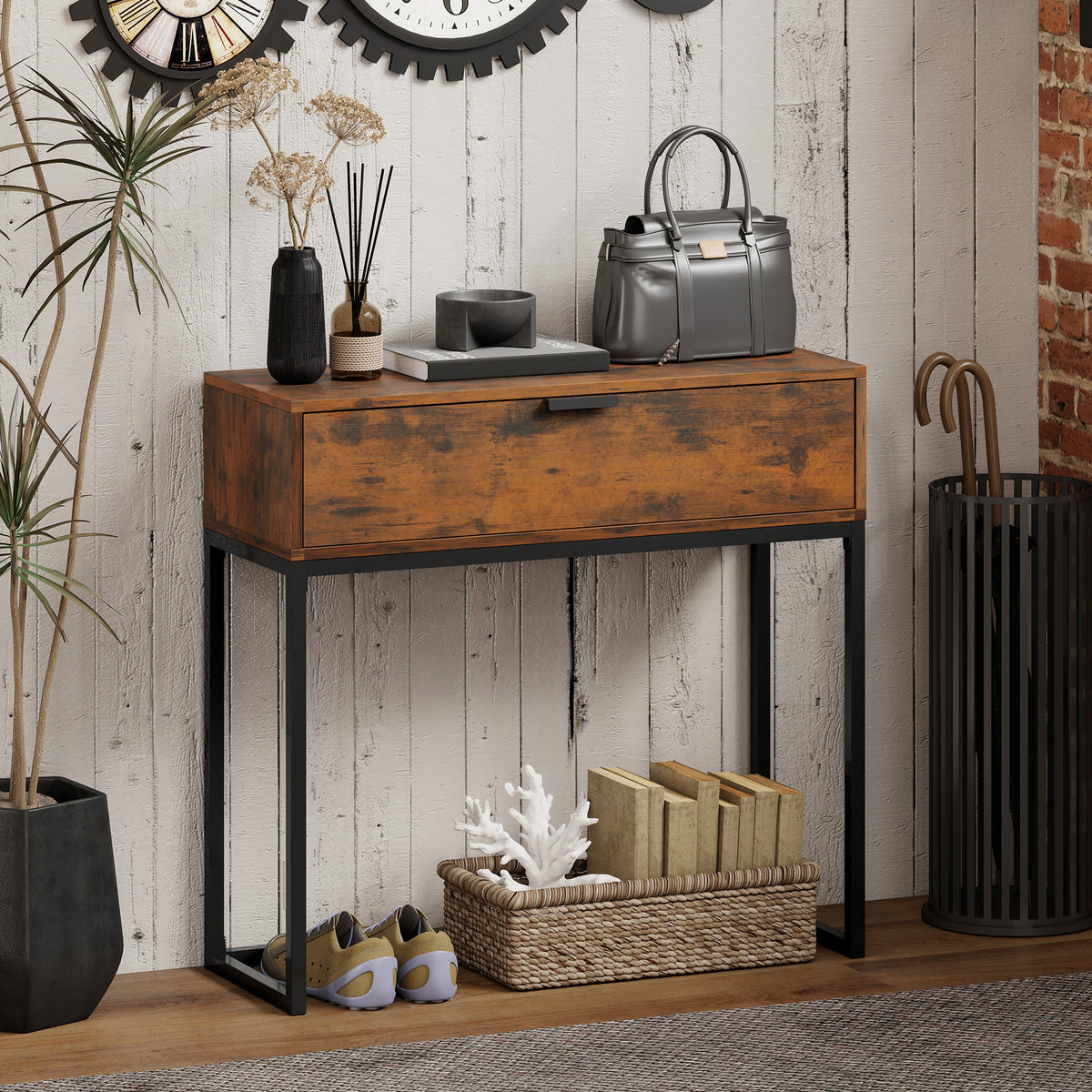 Console table hallway table with drawer, industrial design, hallway living room, 80x30x76 cm, black (2)