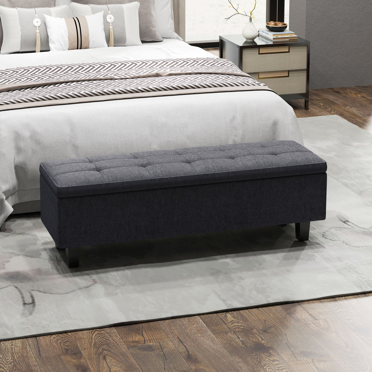 Storage ottoman bench in linen look, with rubberwood legs, for living room, bedroom, hallway, dark gray (2)