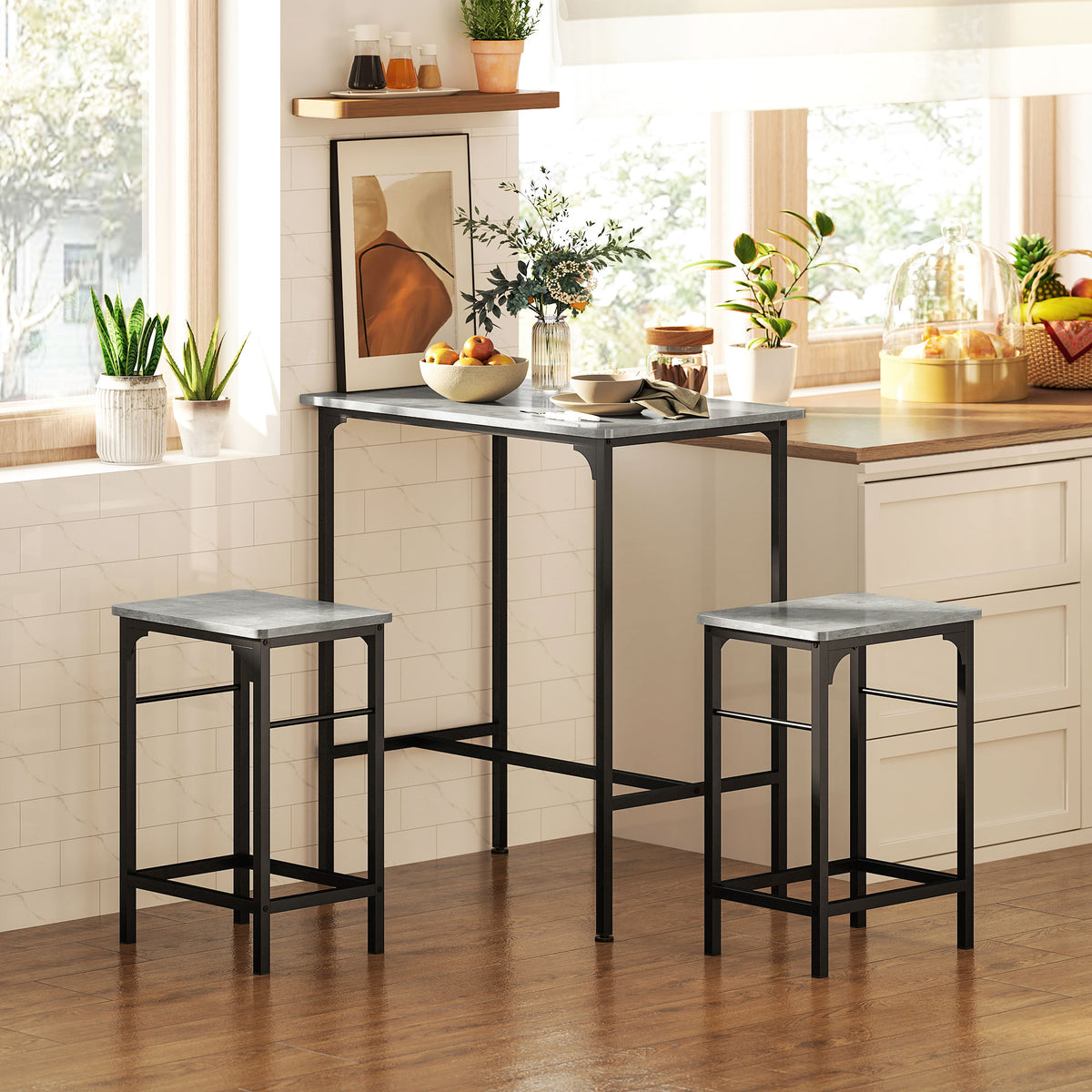 Bar Table Set, Bar Table with Bar Stool Set, Dining Table with 2 Chairs with Anti-Slip Foot Pads, Gray (2)