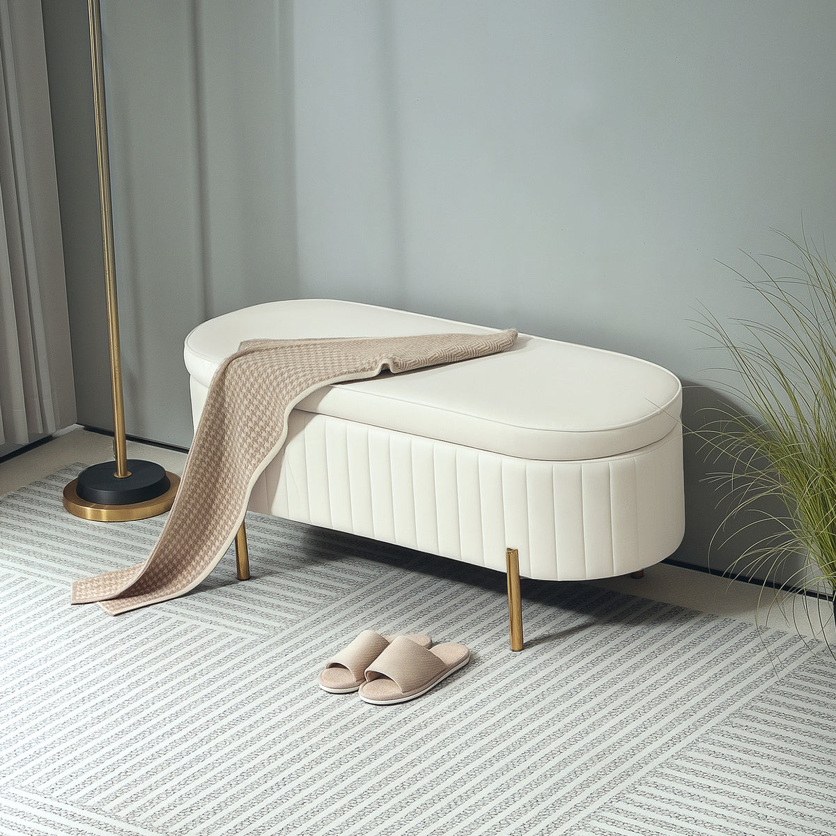 Bench with hinged lid and storage space, fabric upholstery, metal, cream white+golden (2)
