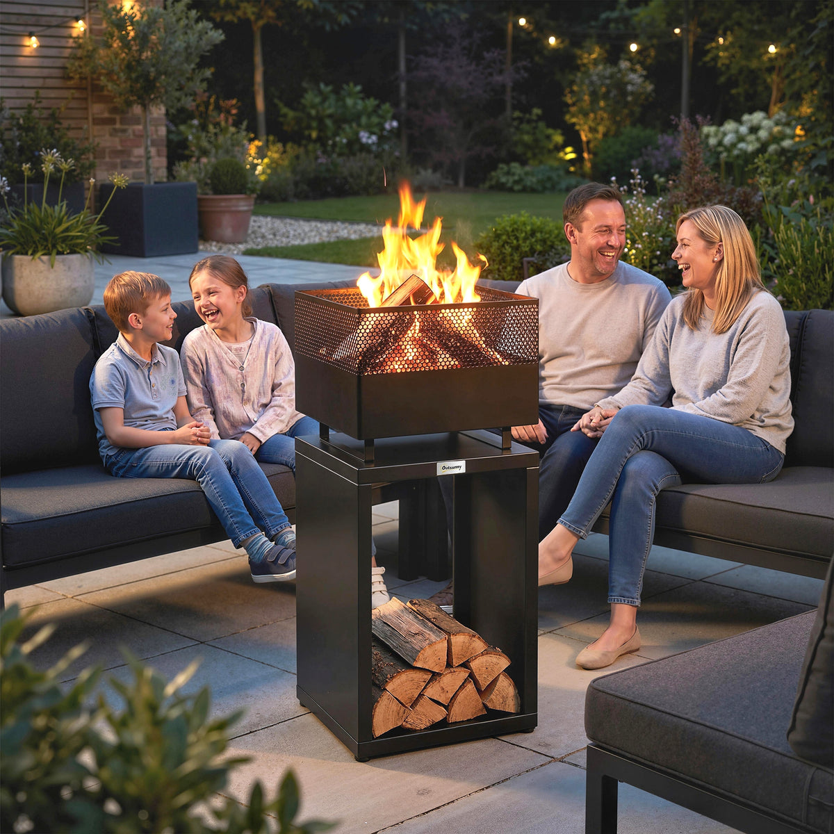 Fire bowl 39 x 39 x 87 cm fire pit with wood storage, charcoal grate, and adjustable feet, black (2)