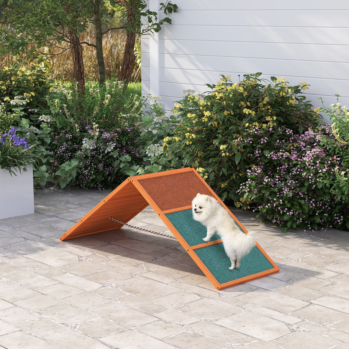 Agility dog ramp, foldable, adjustable height, non-slip, fir wood, up to 40 kg, 173 x 59 x 66 cm, orange/green (2)