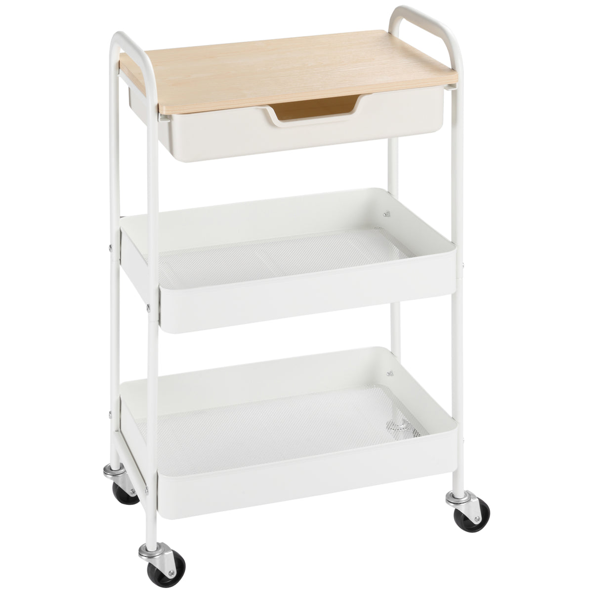 Rolling kitchen cart, 2 shelves, drawer, storage surface, 4 casters, handles, steel, white
