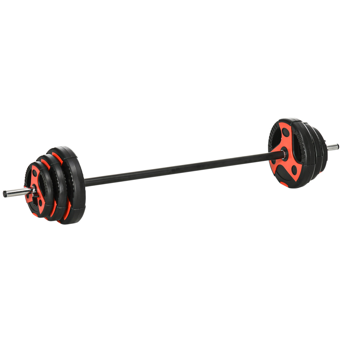 20 kg barbell set, incl. 6 weight plates, 2 x 5kg, 2 x 2.5kg, 2 x 1.25kg, non-slip bar, black+red