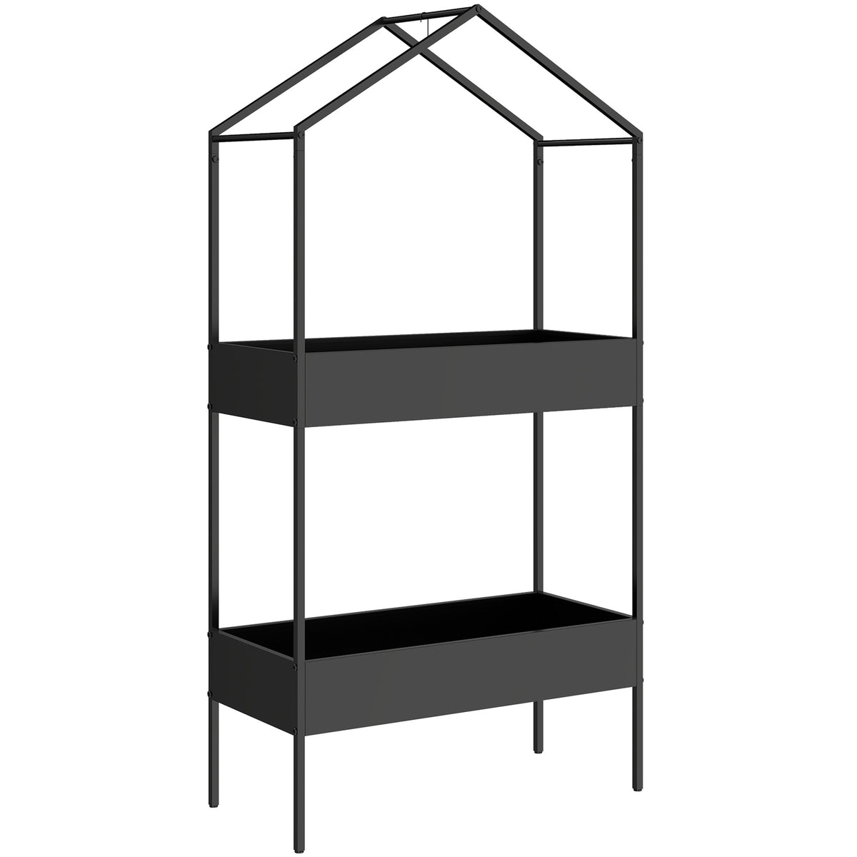 2-Tier house-shaped plant stand, 150 cm high flower stand with hooks, black metal