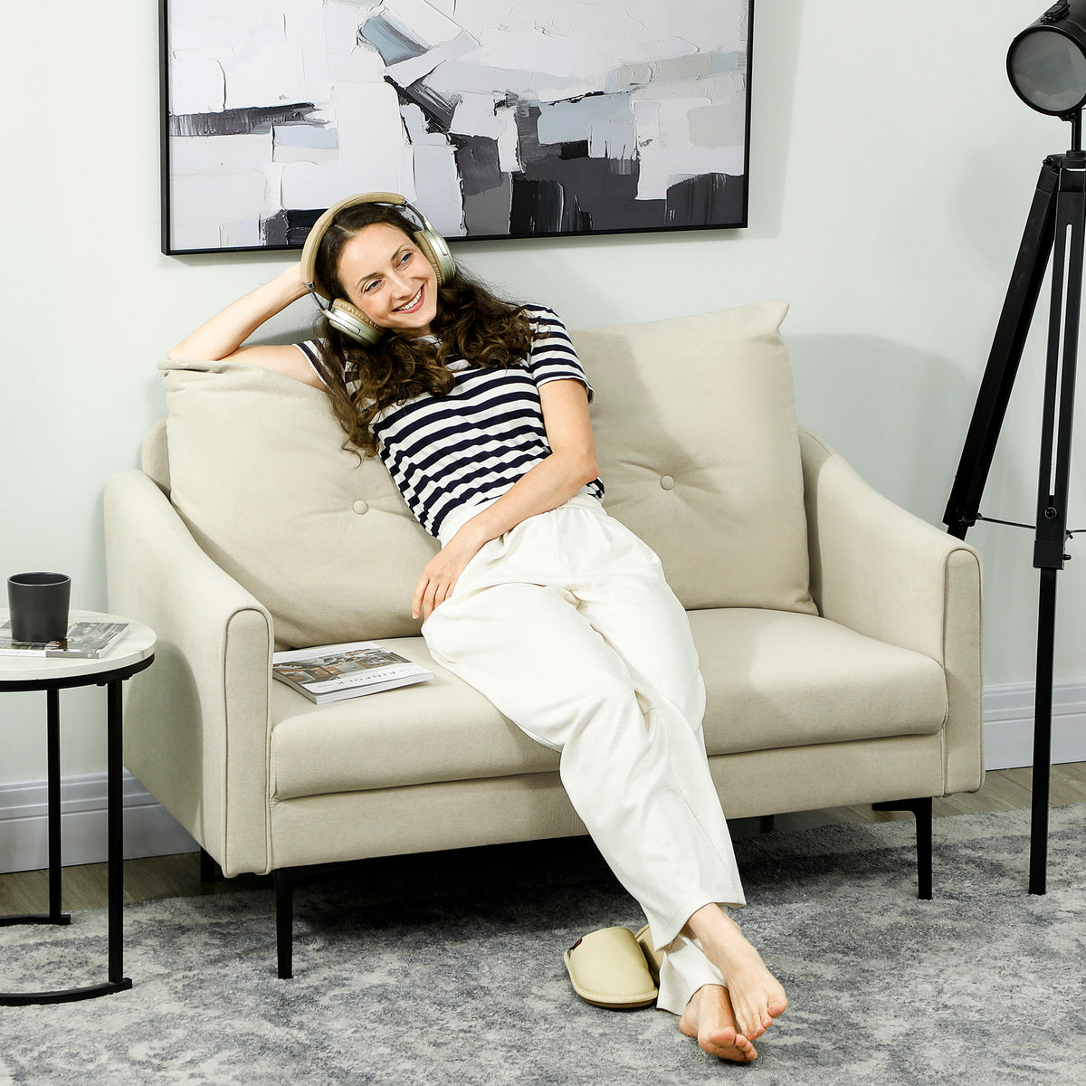2-seater sofa with foam padding and fabric upholstery, for living room, bedroom, metal frame, cream white (2)
