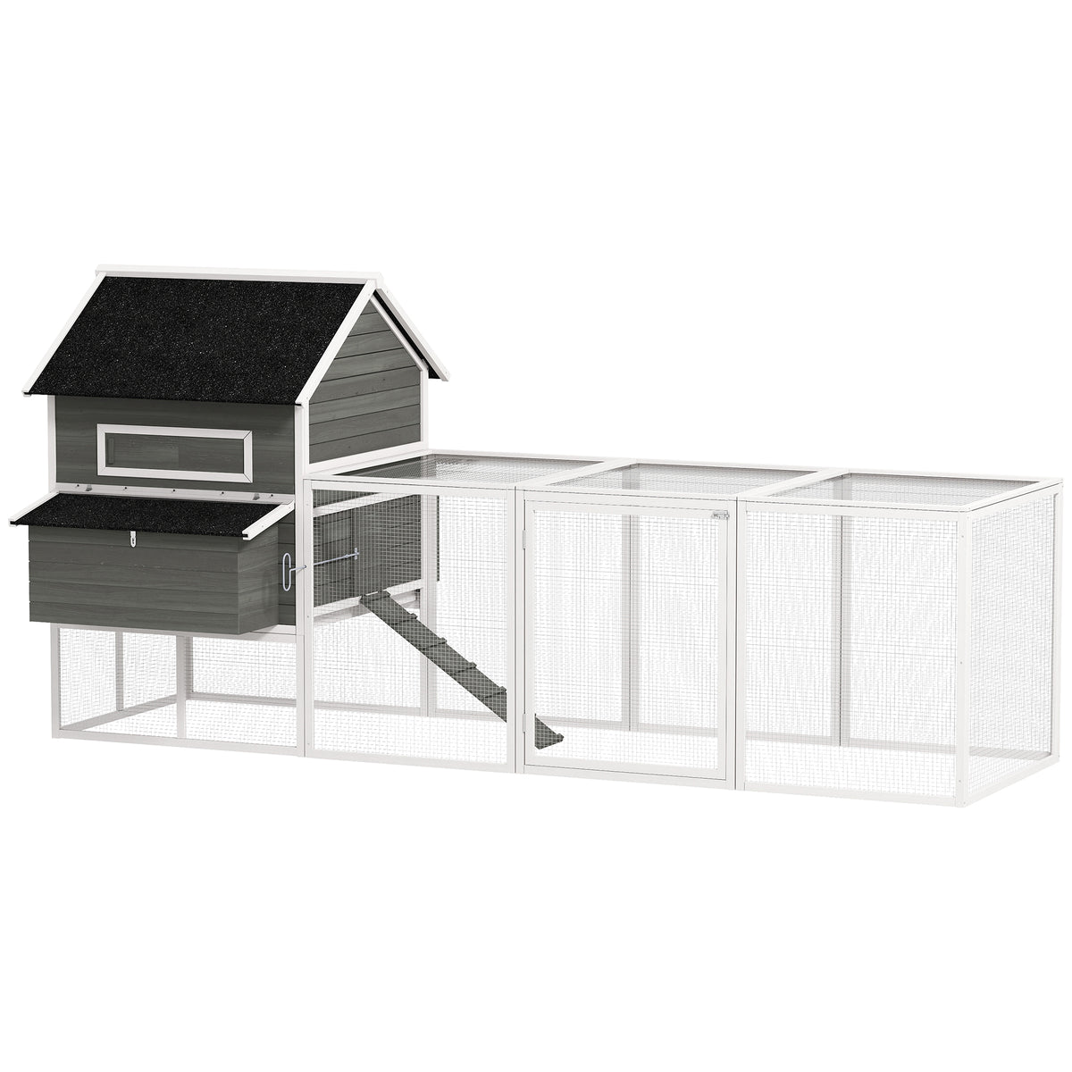 Wooden chicken coop with run, nesting box, asphalt roof, and pull-out tray, for 4-6 chickens, 347x160x150 cm