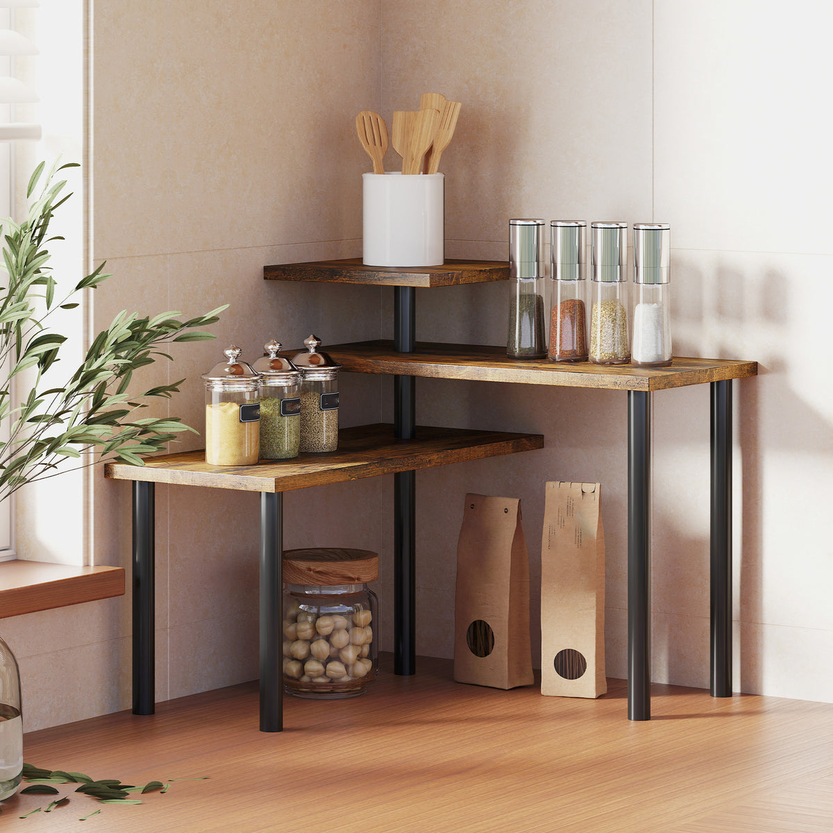Kitchen shelf, rotating microwave shelf with 3 tiers, industrial metal floor shelf, 40 x 18 x 36.5 cm (2)