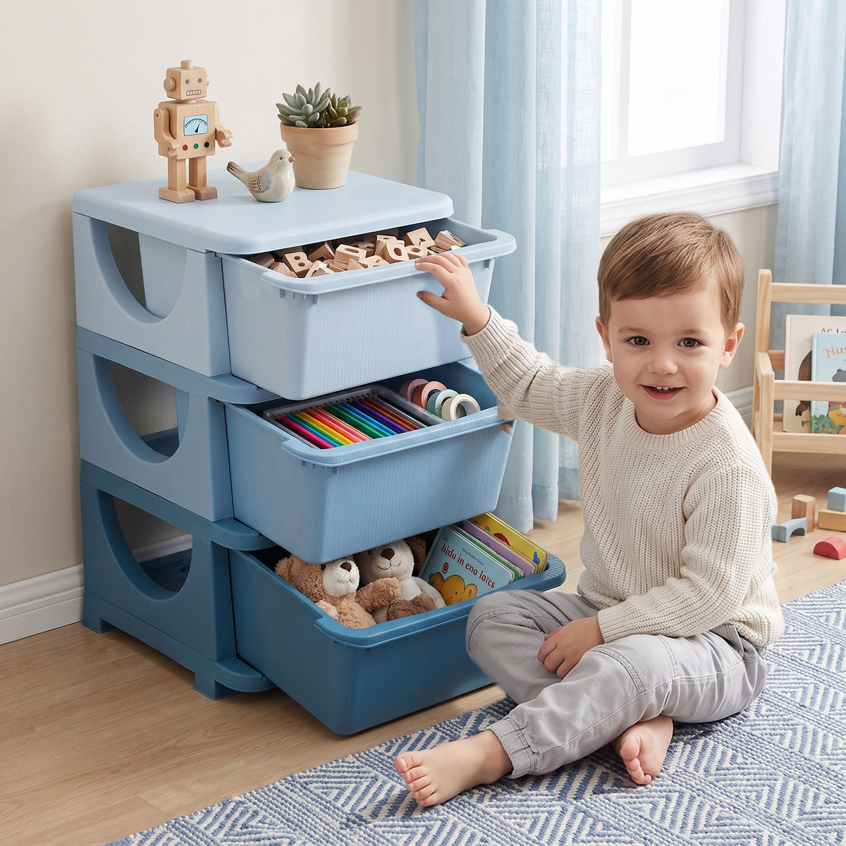 Storage boxes for children, 3 drawers, rounded edges, raised design, 37x37x56.5 cm, blue (2)