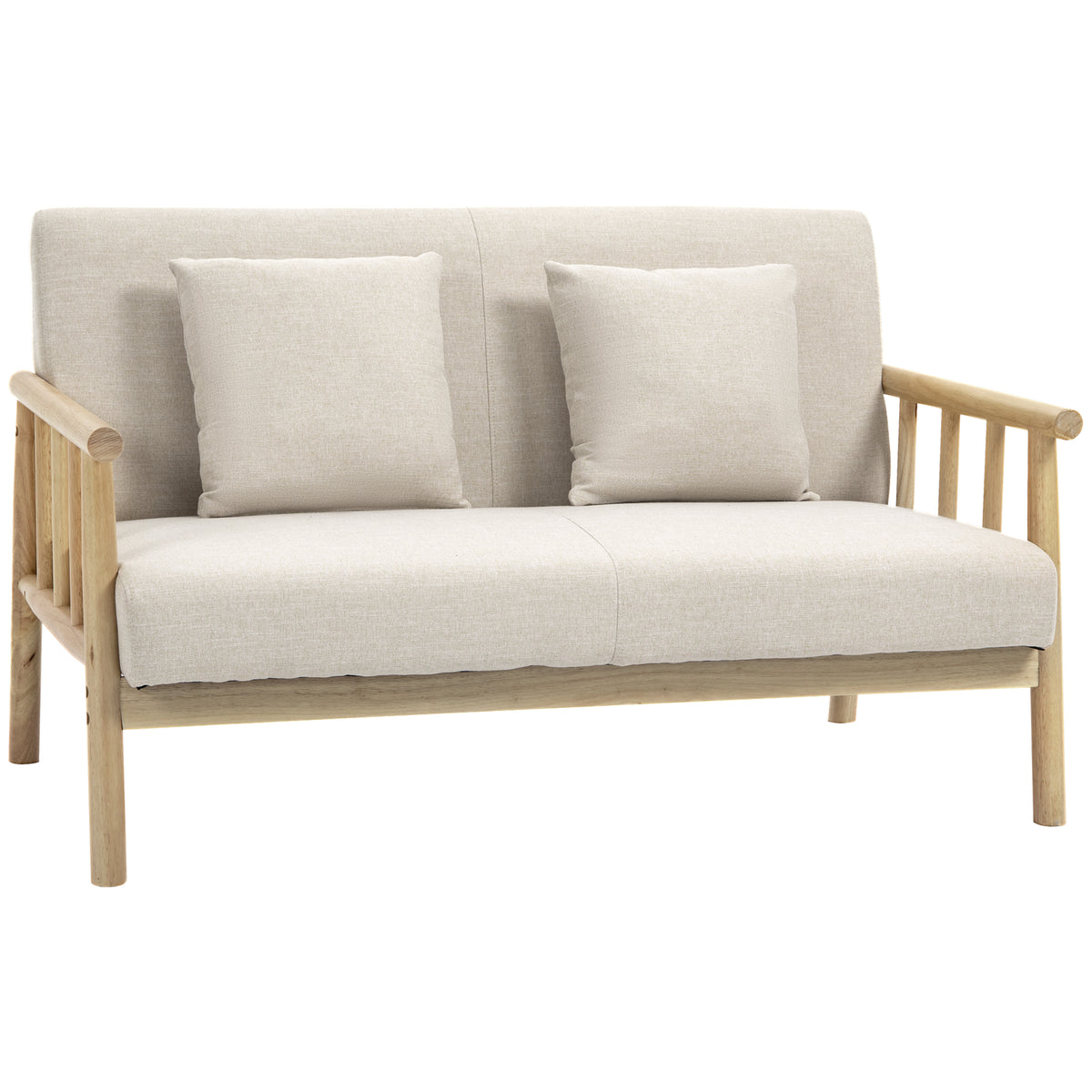 2-seater sofa, linen-look fabric upholstery, compact, up to 200 kg, wooden frame, 123L x 69W x 74H cm, beige