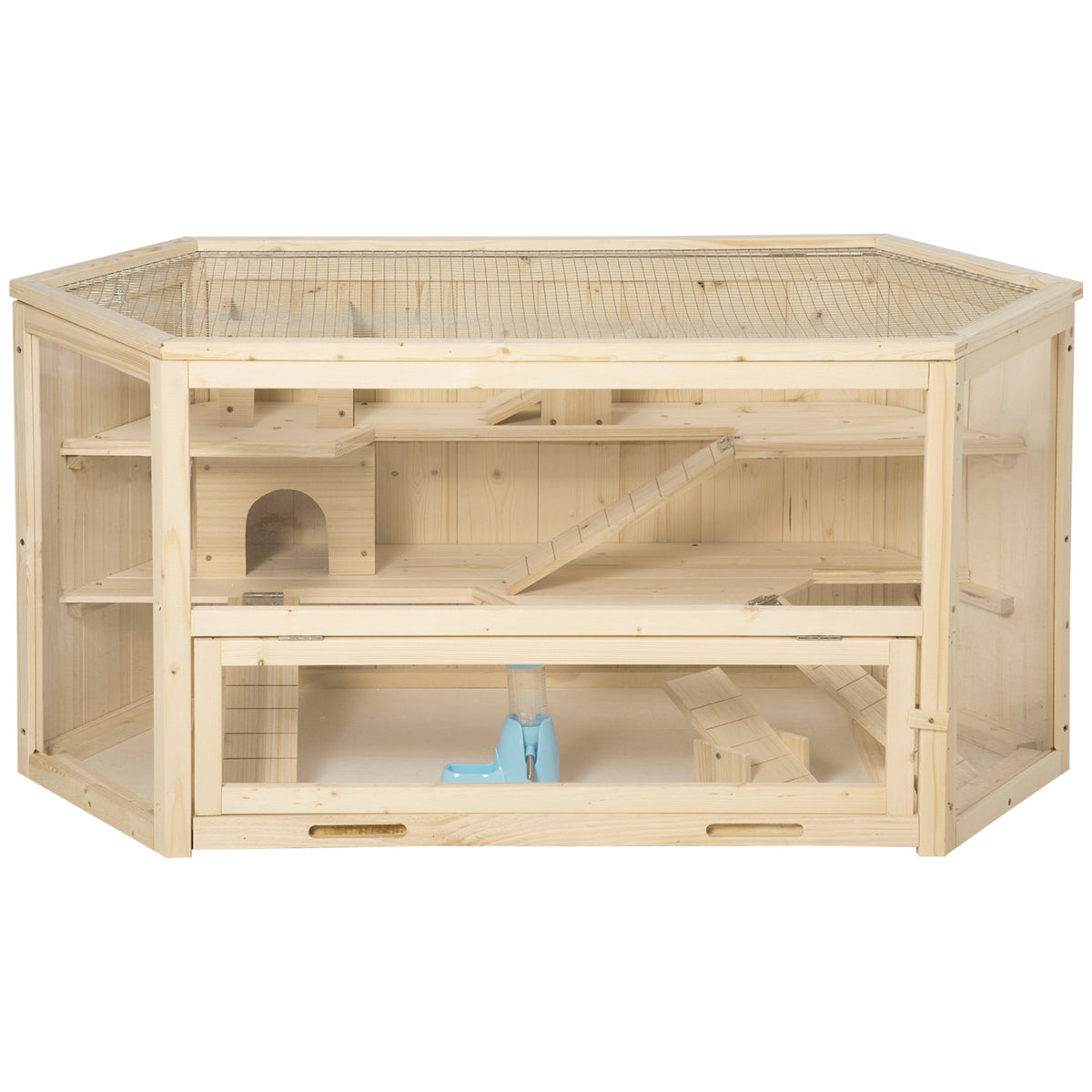 Small animal cage, rodent cage, rodent home with 1 ramp, 1 seesaw, removable base tray, fir wood, natural