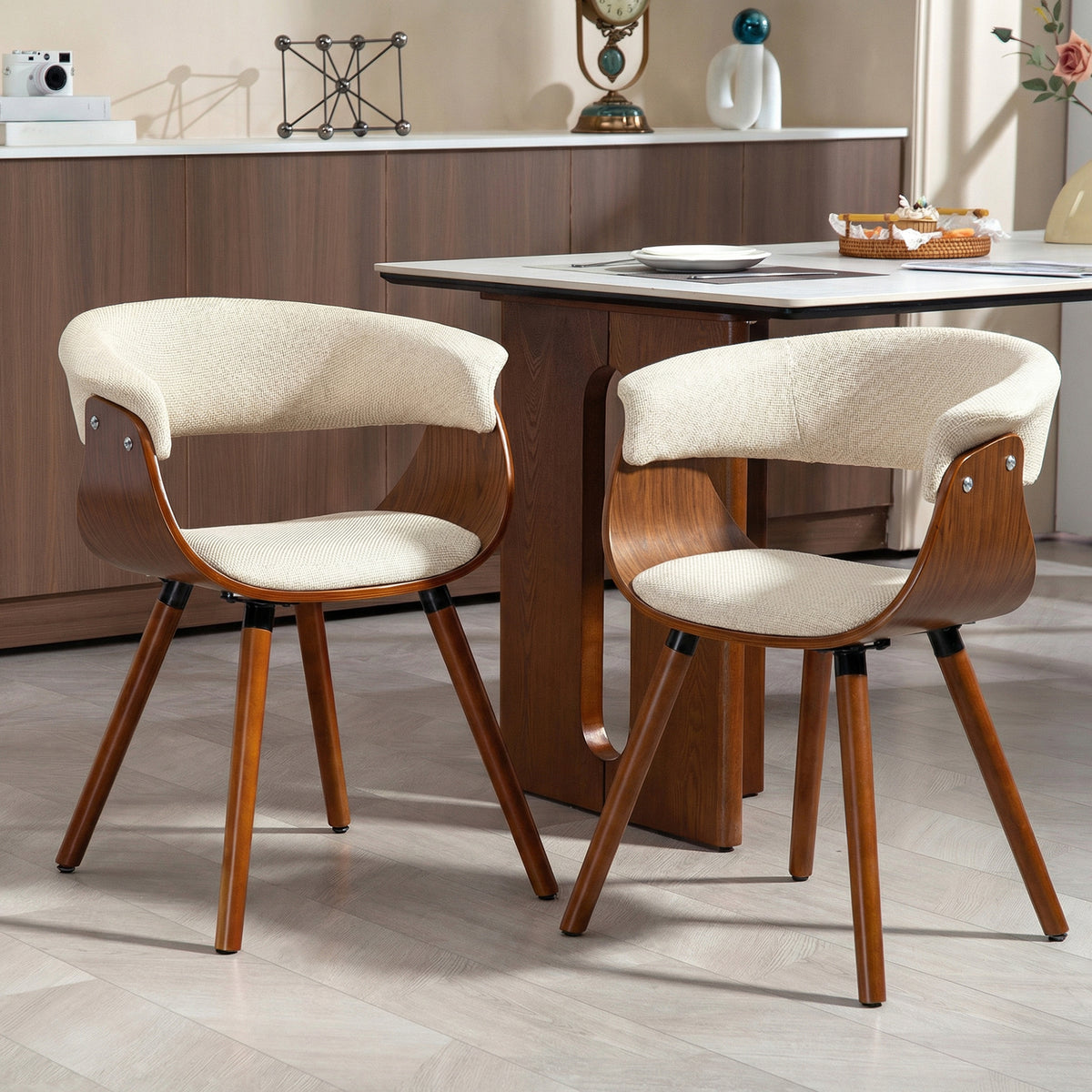 Dining chair, linen-look fabric, curved backrest, wooden legs, beige (2)
