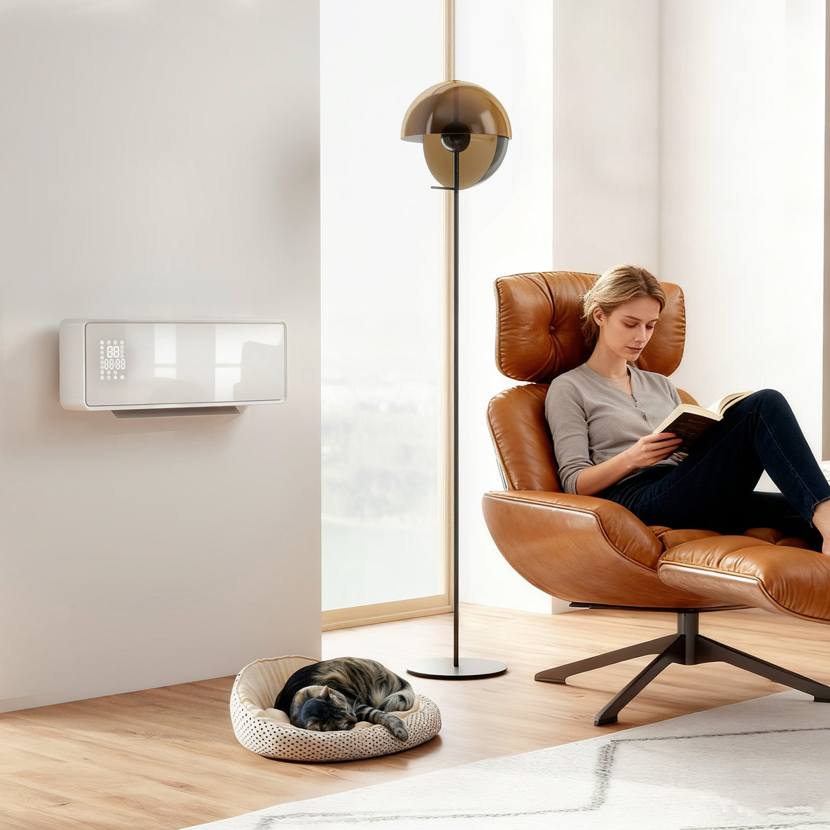 Wall-mounted 2000W ceramic electric heater, fan, thermostat, timer, remote control, glass panel, white – assembled