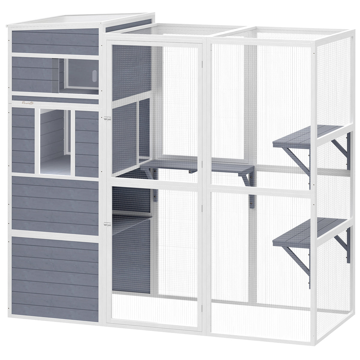 Outdoor cat enclosure, wooden cat house with 3 platforms, weatherproof roof, resting area for 3-4 cats up to 10