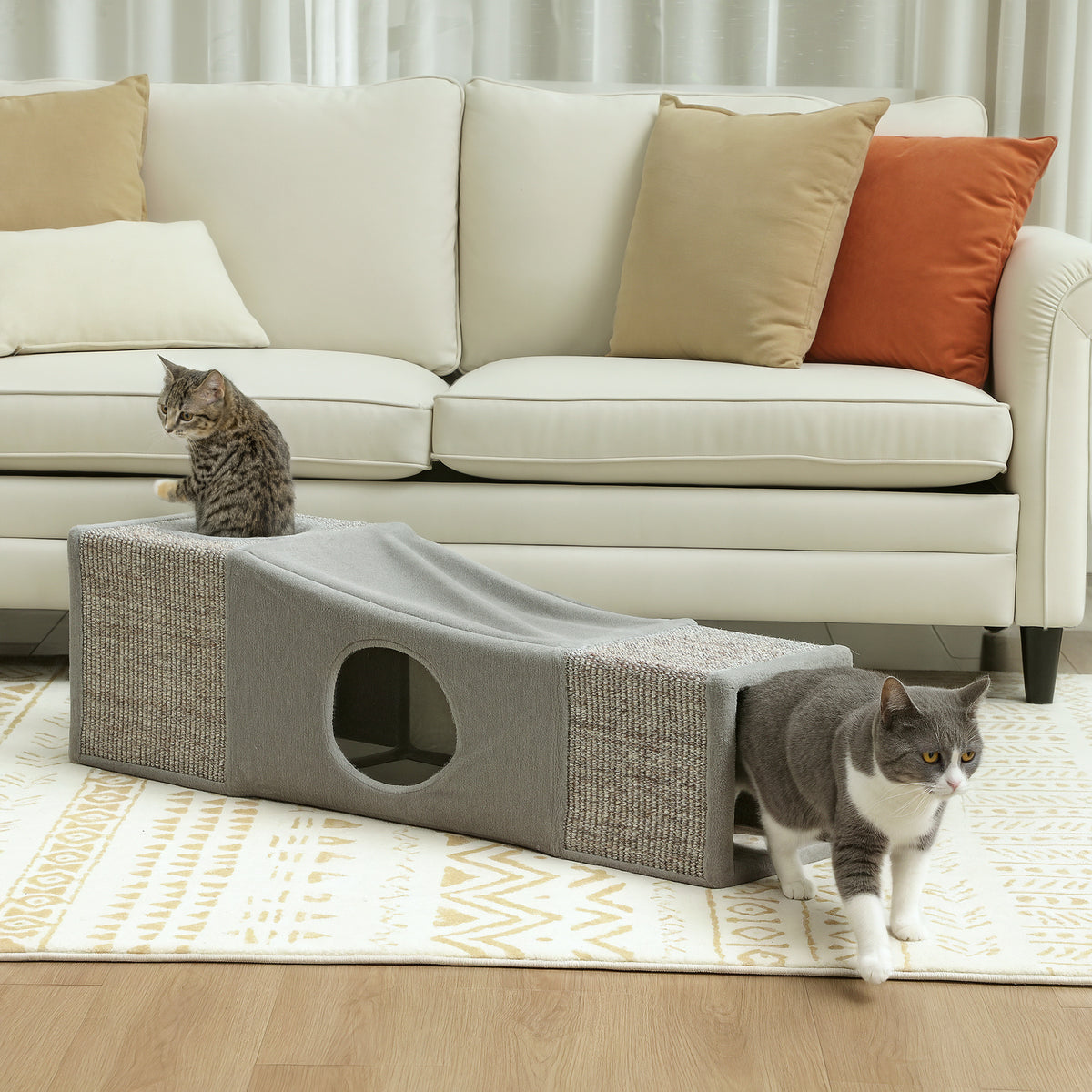 Cat tunnel, 2 cat caves, scratching surfaces and ball toy, 98 cm x 30 cm x 30 cm, brown + gray (2)