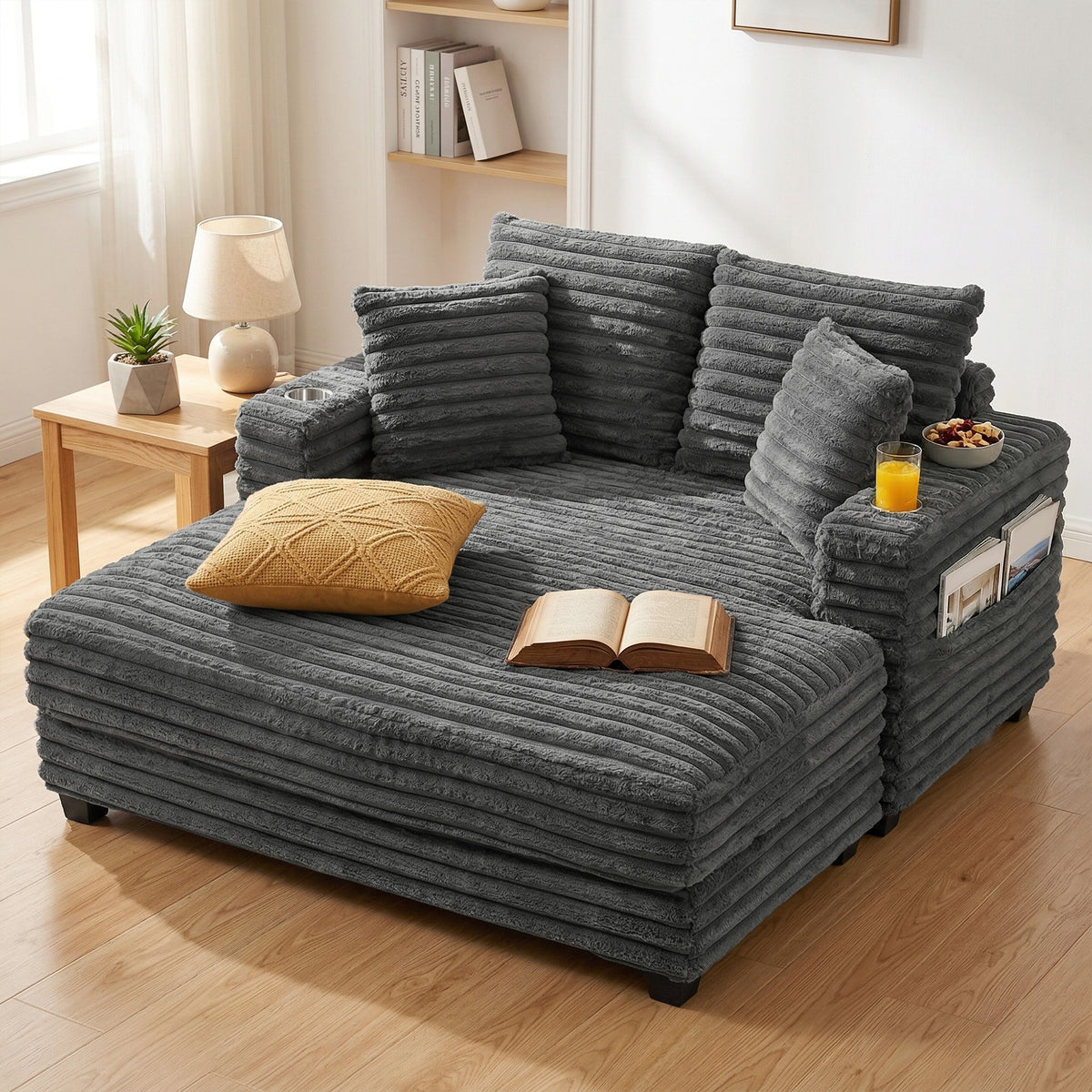 Chaise Longue 2-Seater Large Sofa Bed 134 x 151 cm with Cup Holder for Living Room, Gray (10)