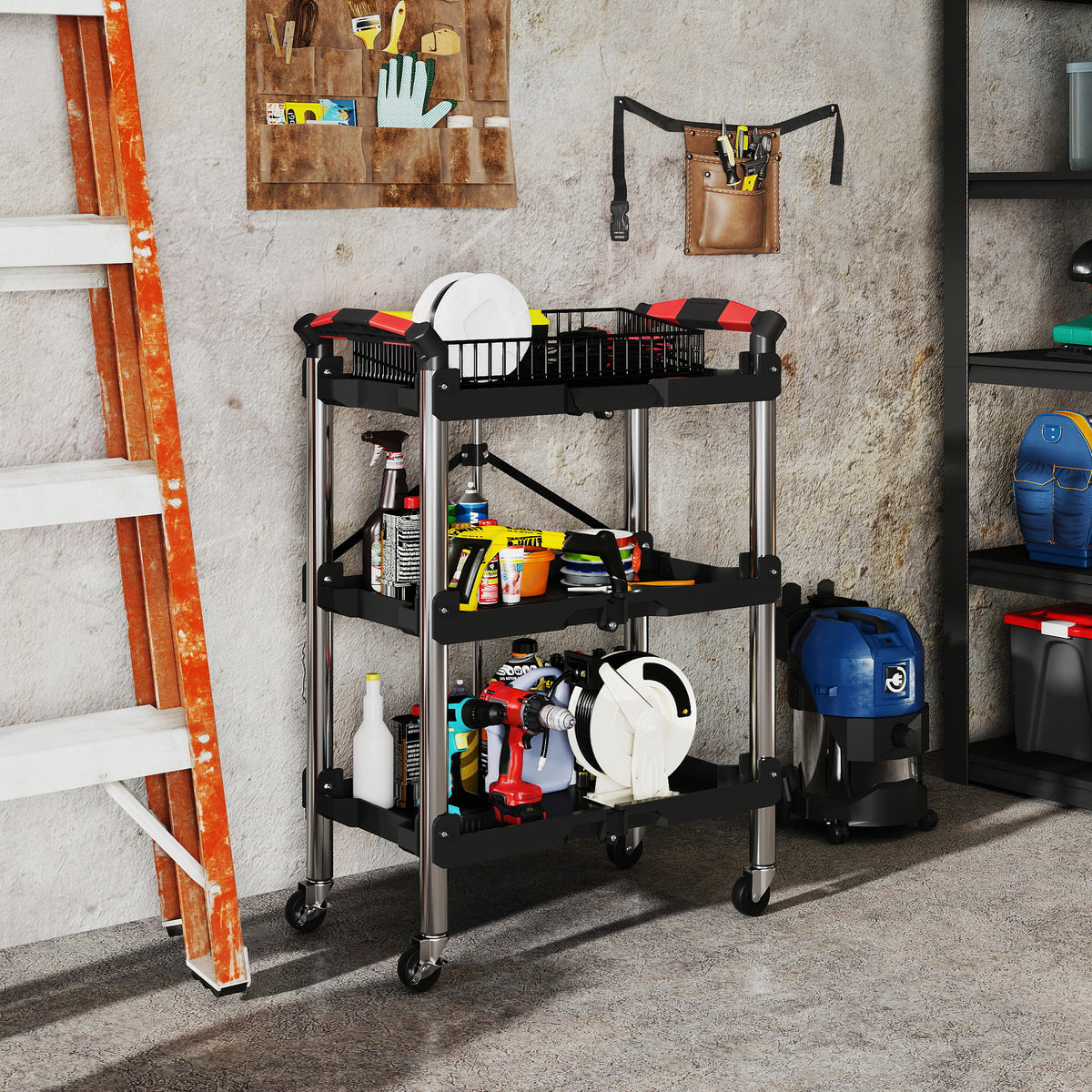 Tool trolley, foldable 3-tier tool cart, plastic, steel, black (2)