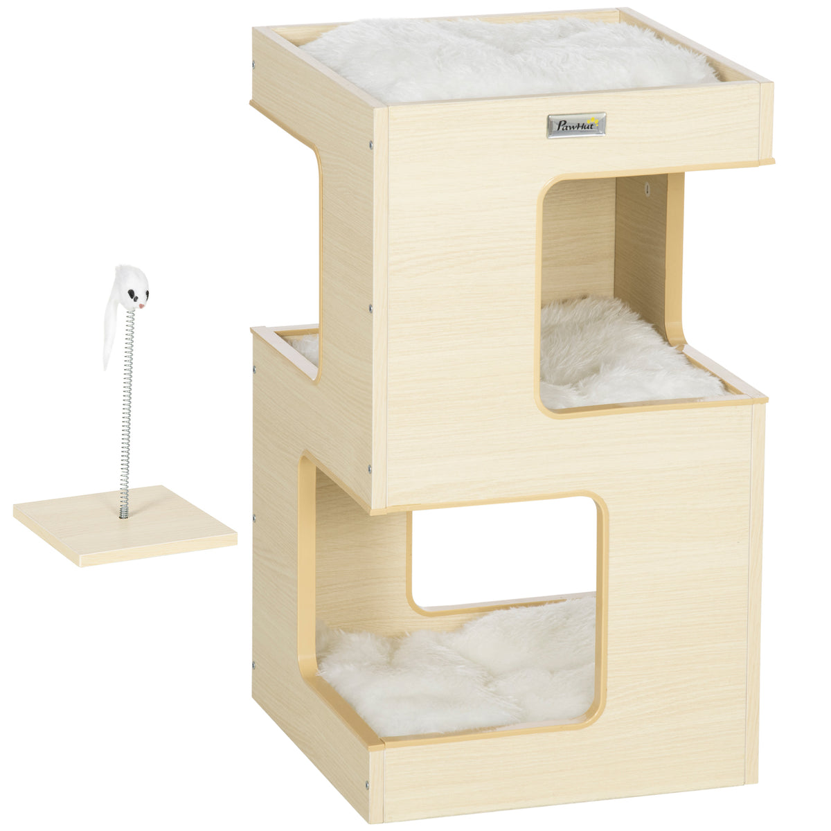 Cat barrel, cat cave, 2 levels, incl. toy, 34 cm x 34 cm x 60 cm, natural + light grey