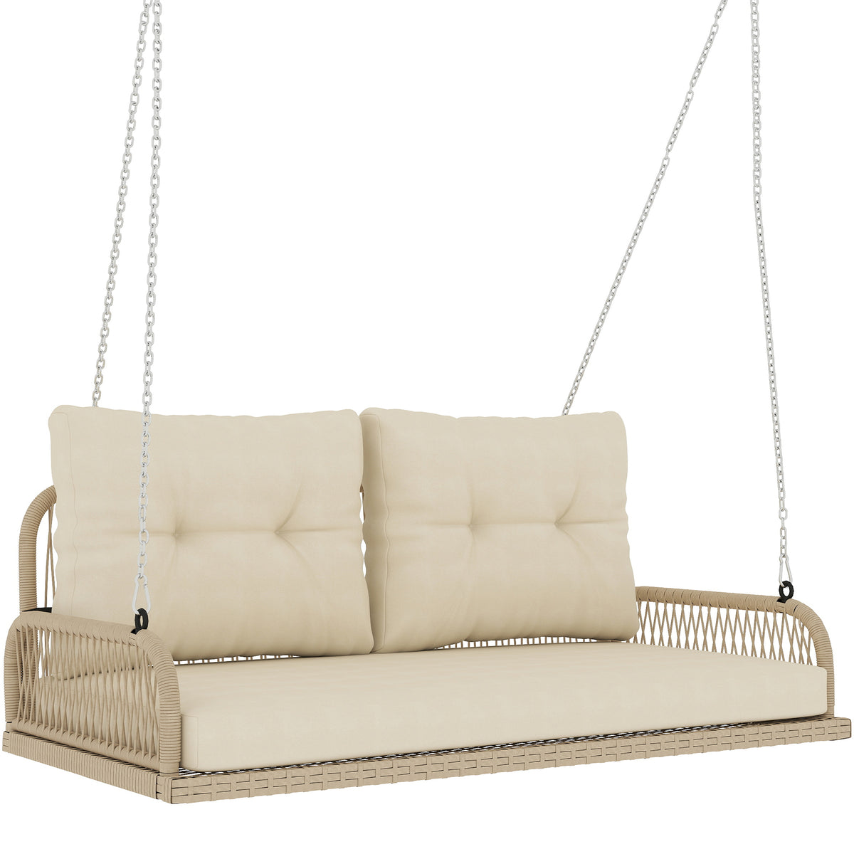 2-Seater Rattan Porch Swing with Cushions, Chains, up to 240 kg, 115 x 66 x 44 cm, Beige