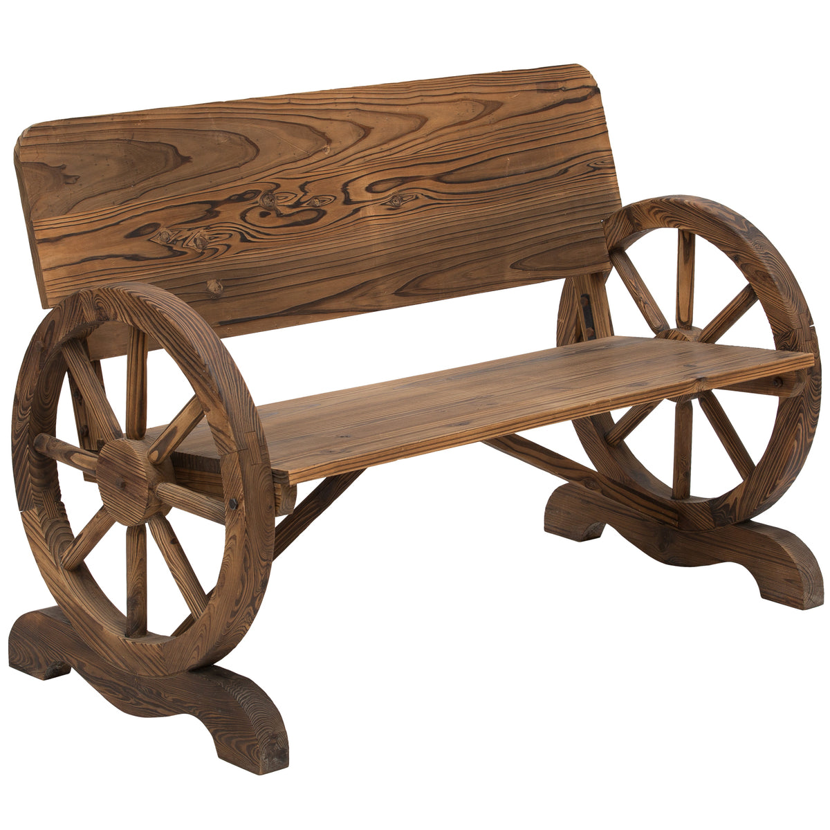 2-Seater Solid Wood Garden Bench with Armrest, Bench with Wagon Wheel Design, Garden Furniture 250kg Capacity