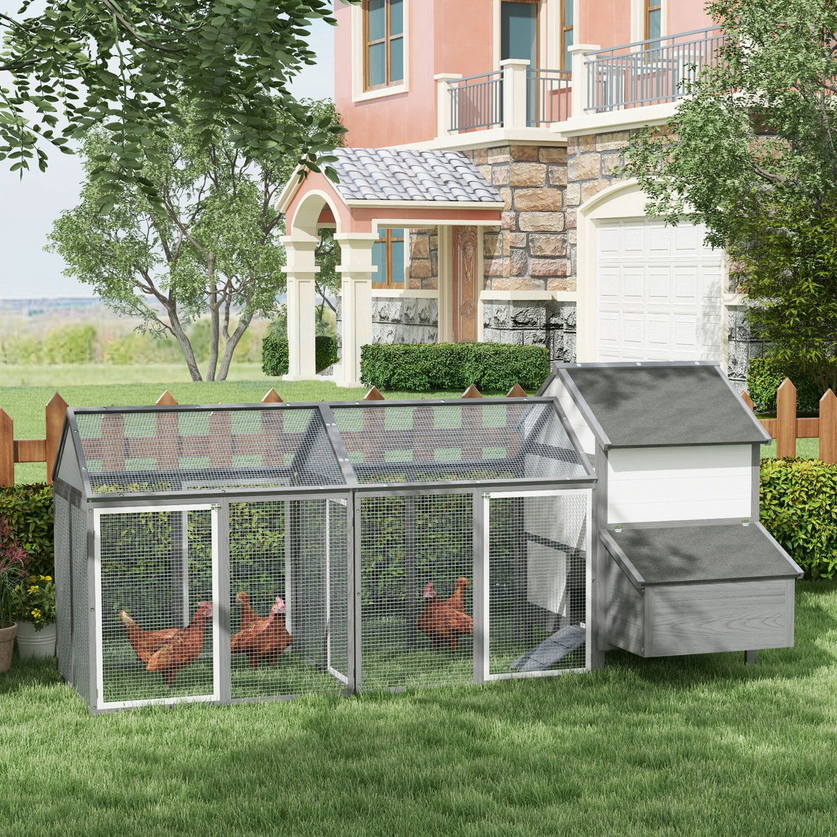 Chicken coop small animal house 2 outdoor enclosures, 1 nesting box, 2 ramps, asphalt roof, weather-resistant (2)