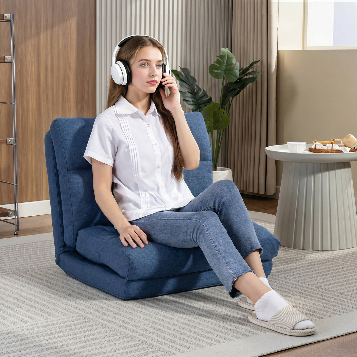 Bean bag with bed function, adjustable backrest, foldable, up to 120kg, 70 x 72 x 56 cm, dark blue (2)