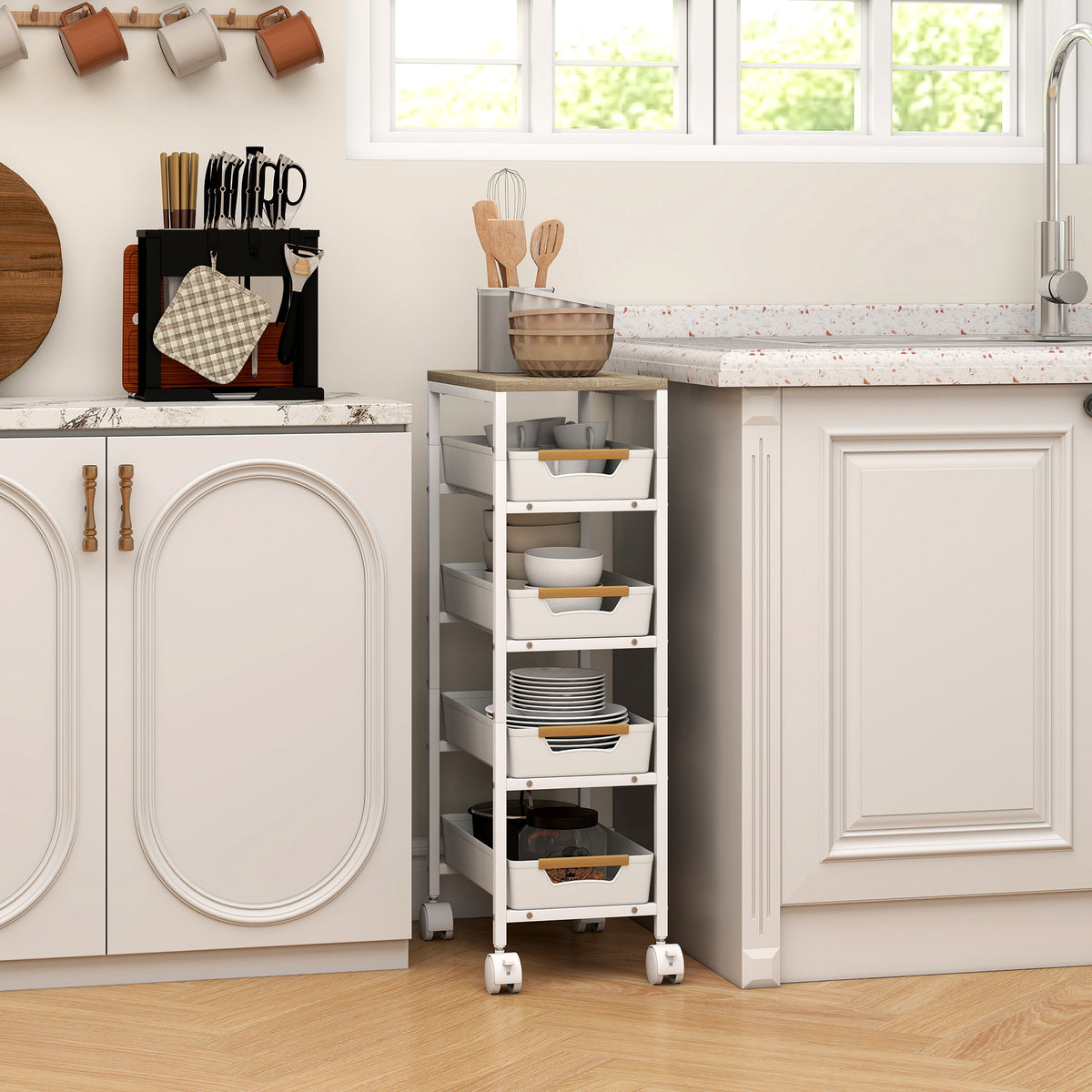 5-tier kitchen trolley, wood-look, rolling, metal frame, 4 drawers, white (2)