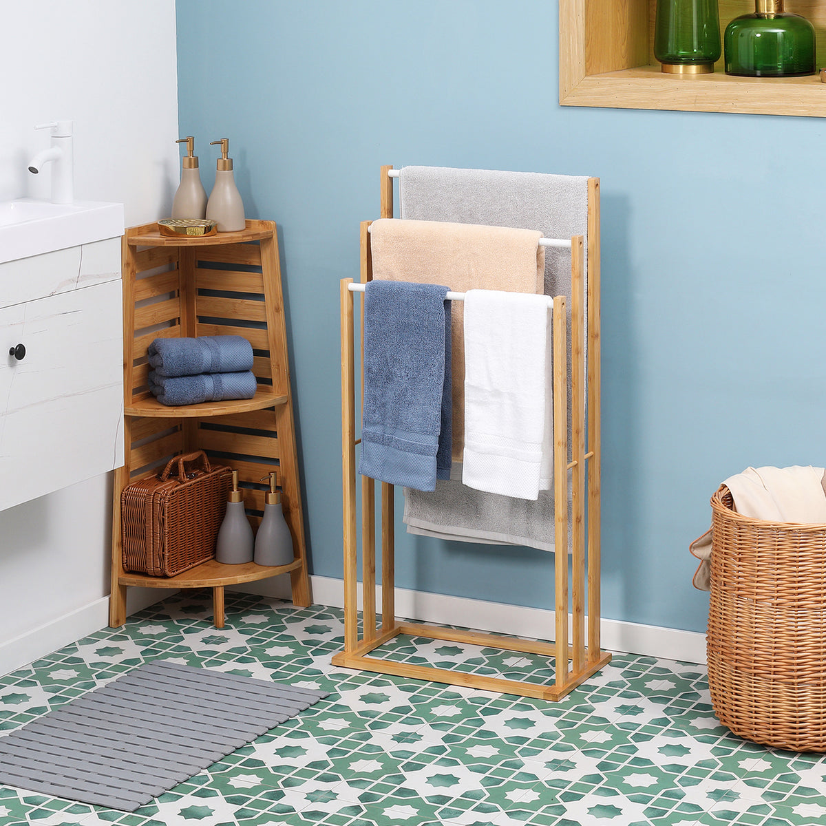 Bamboo towel rack. 3-tier design, 3 towel rails 48 cm x 25.8 cm x 94 cm, natural + white (2)