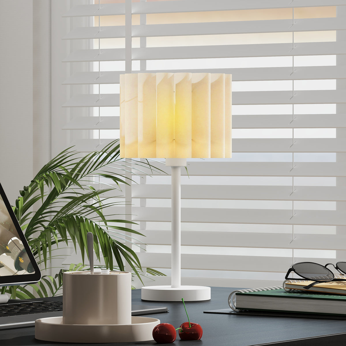 Retro-style table lamp, bedside lamp, plastic shade, push-button switch, white (2)