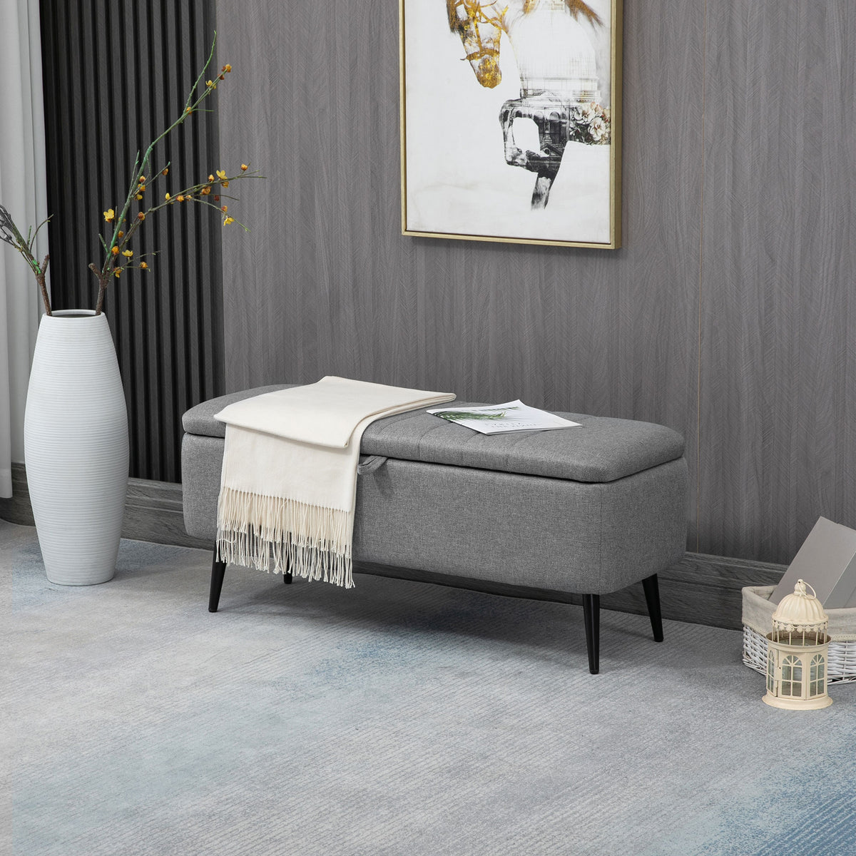 Storage Bench, Upholstered Bench in Linen Look, Storage Chest with Steel Legs 102 x 40 x 44 cm, Grey (2)