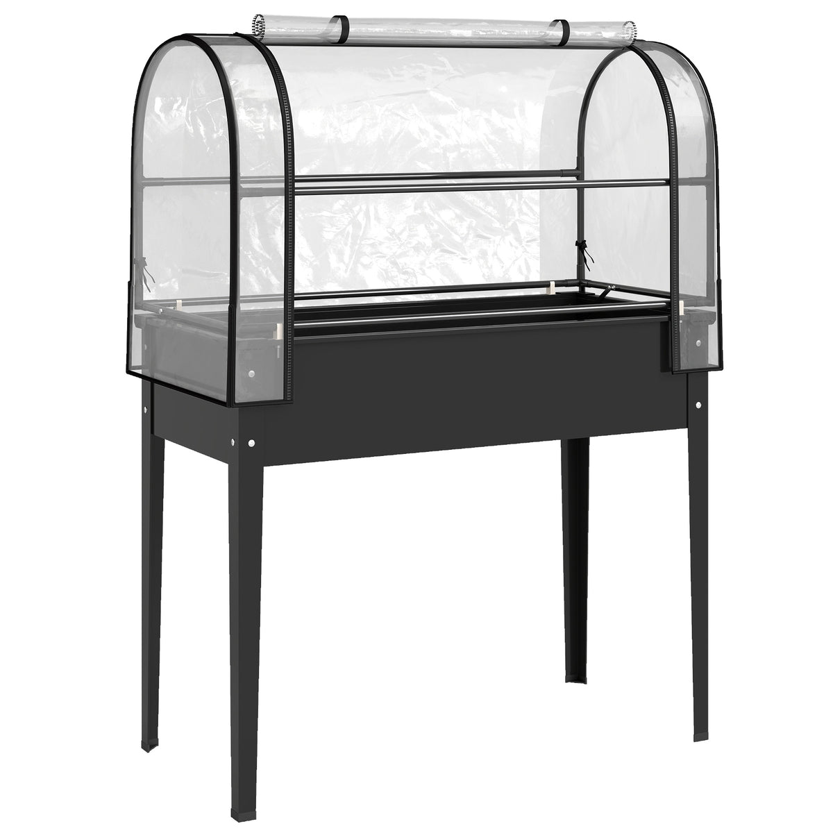 Raised bed with greenhouse attachment, planter box with hinged cover, on wheels, zipper door, drainage hole