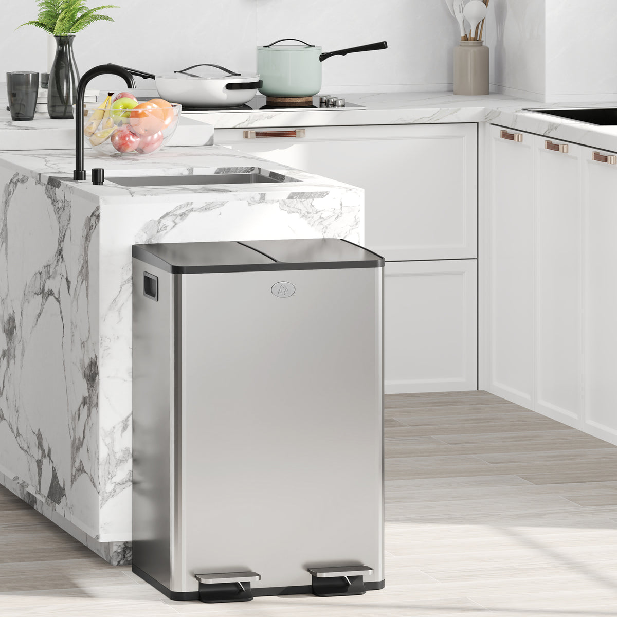 2 x 28 L double waste bin, pedal opening, easy to clean, stainless steel, plastic, silver (2)