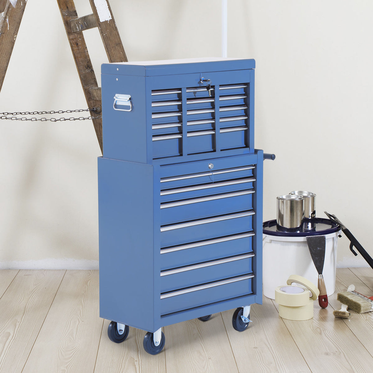 Workshop trolley with tool box, lockable empty tool trolley with drawers, tool compartment, keys and anti-slip (2)